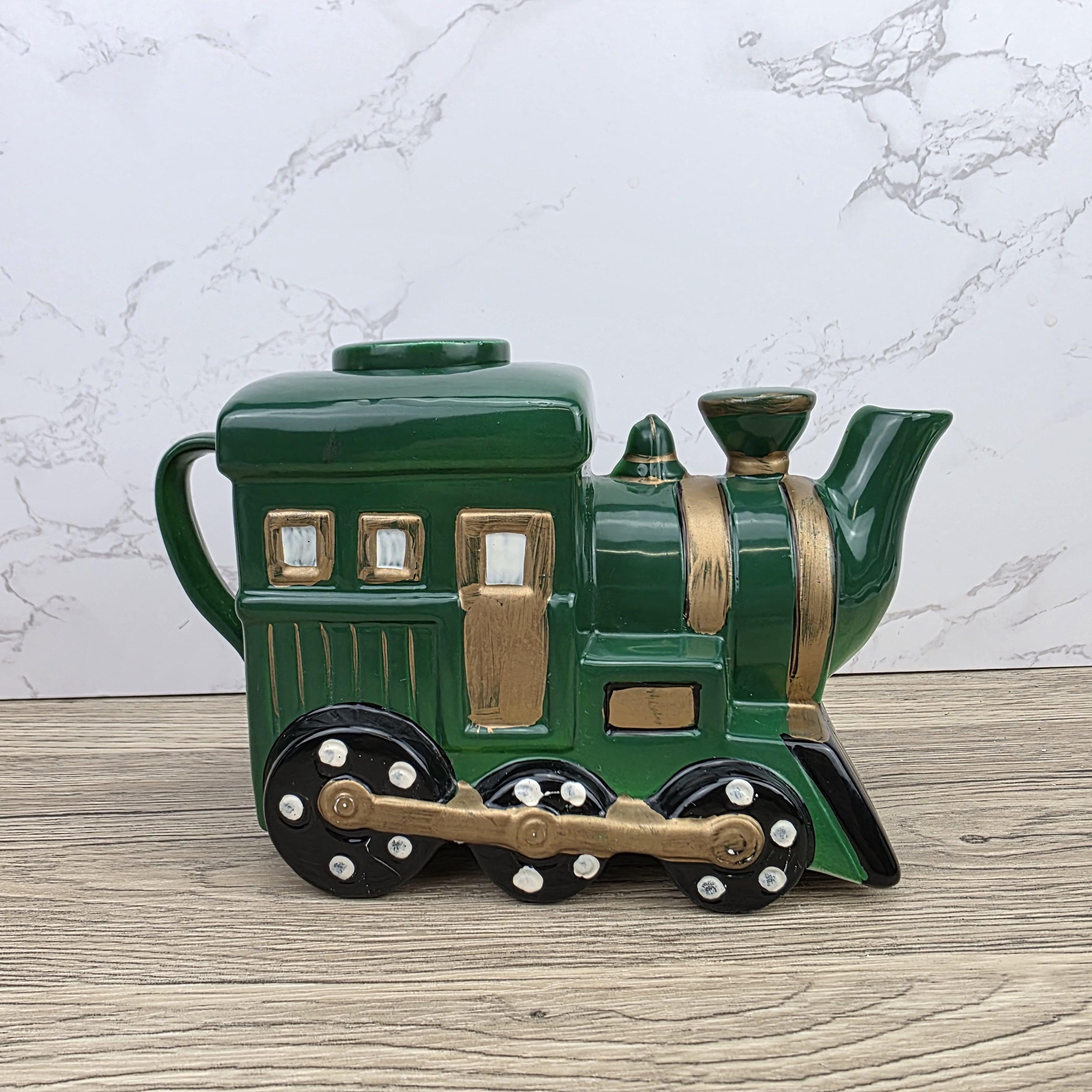 Locomotive Train Teapot Ceramic Novelty Kitchen Decor | Green Steam Engine Style | Hand Painted Details