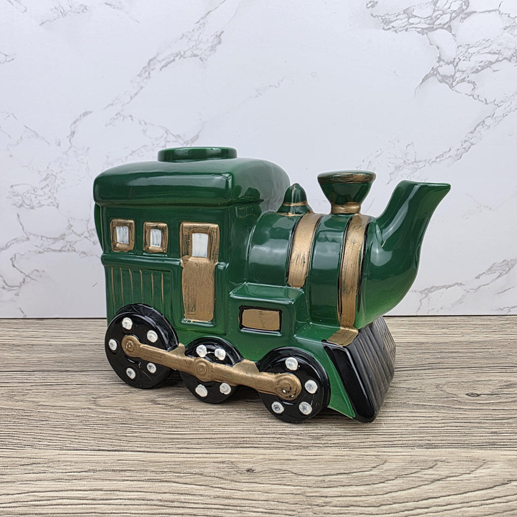 Locomotive Train Teapot Ceramic Novelty Kitchen Decor | Green Steam Engine Style | Hand Painted Details