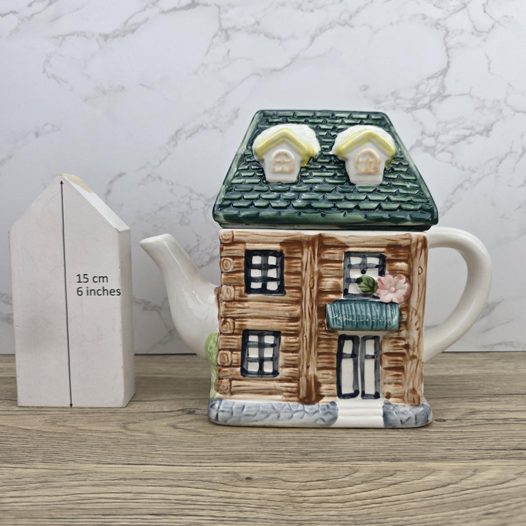 Ceramic Cottage House Teapot Vintage Kitchen Decor | Green Roof Cabin Style | Collectible Tea Serveware