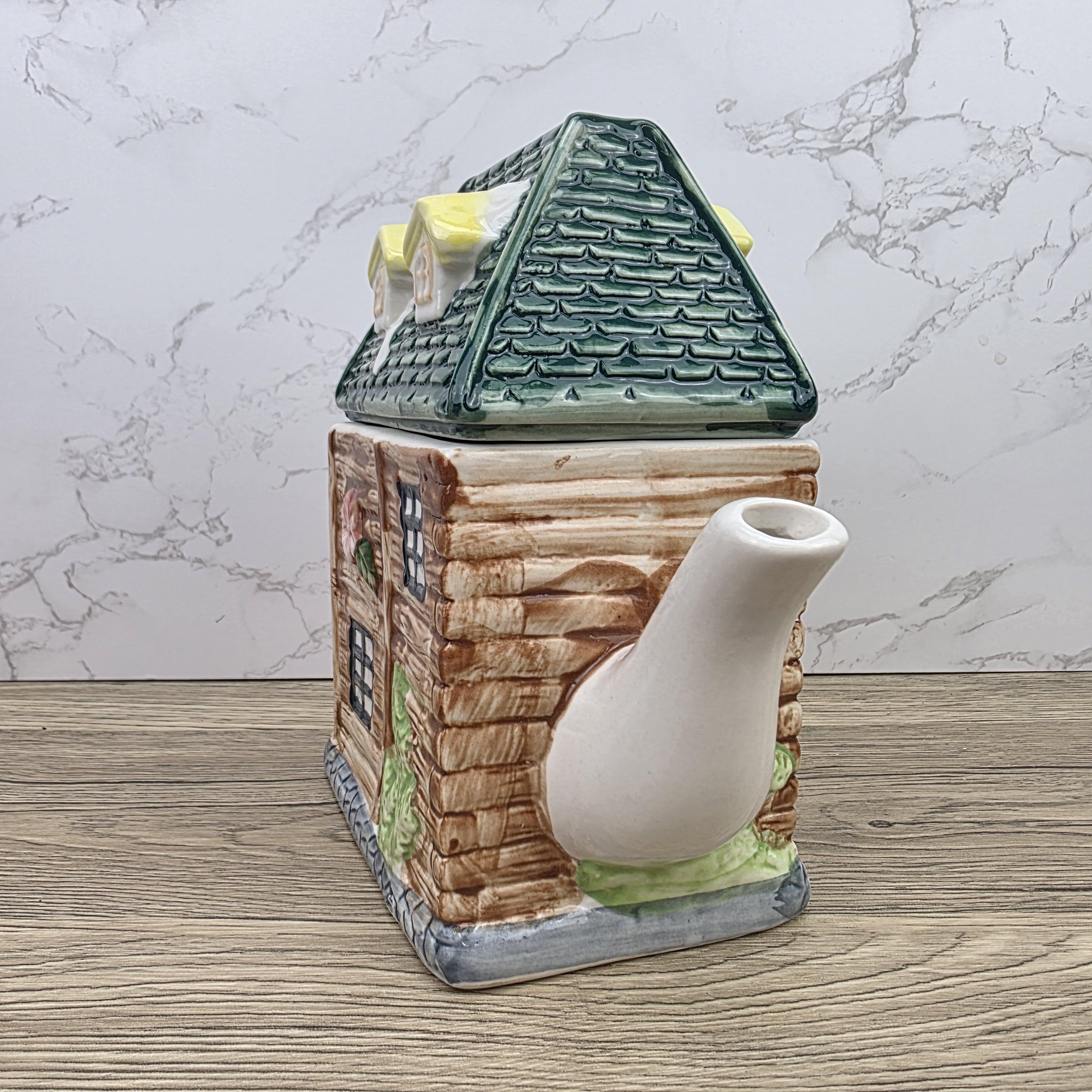 Ceramic Cottage House Teapot Vintage Kitchen Decor | Green Roof Cabin Style | Collectible Tea Serveware