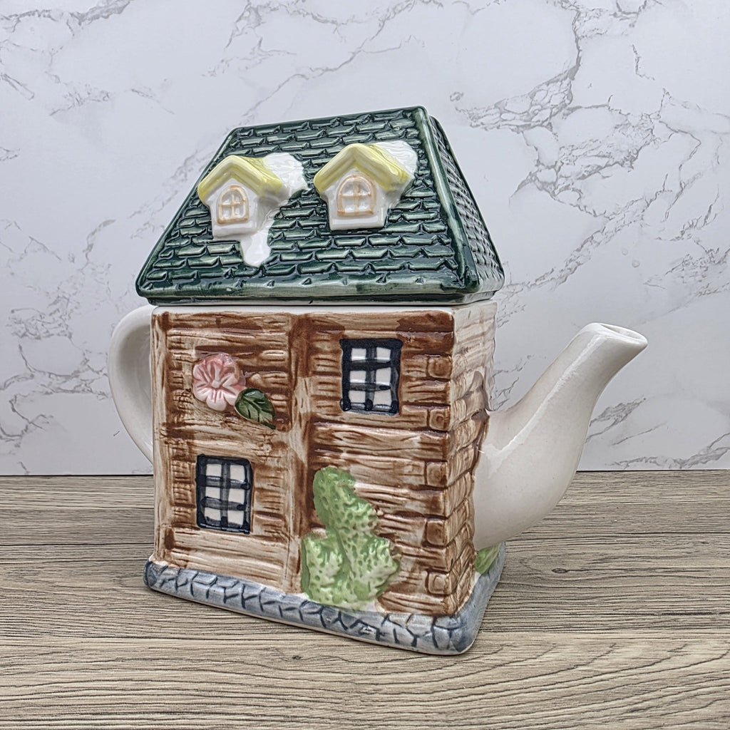 Ceramic Cottage House Teapot Vintage Kitchen Decor | Green Roof Cabin Style | Collectible Tea Serveware