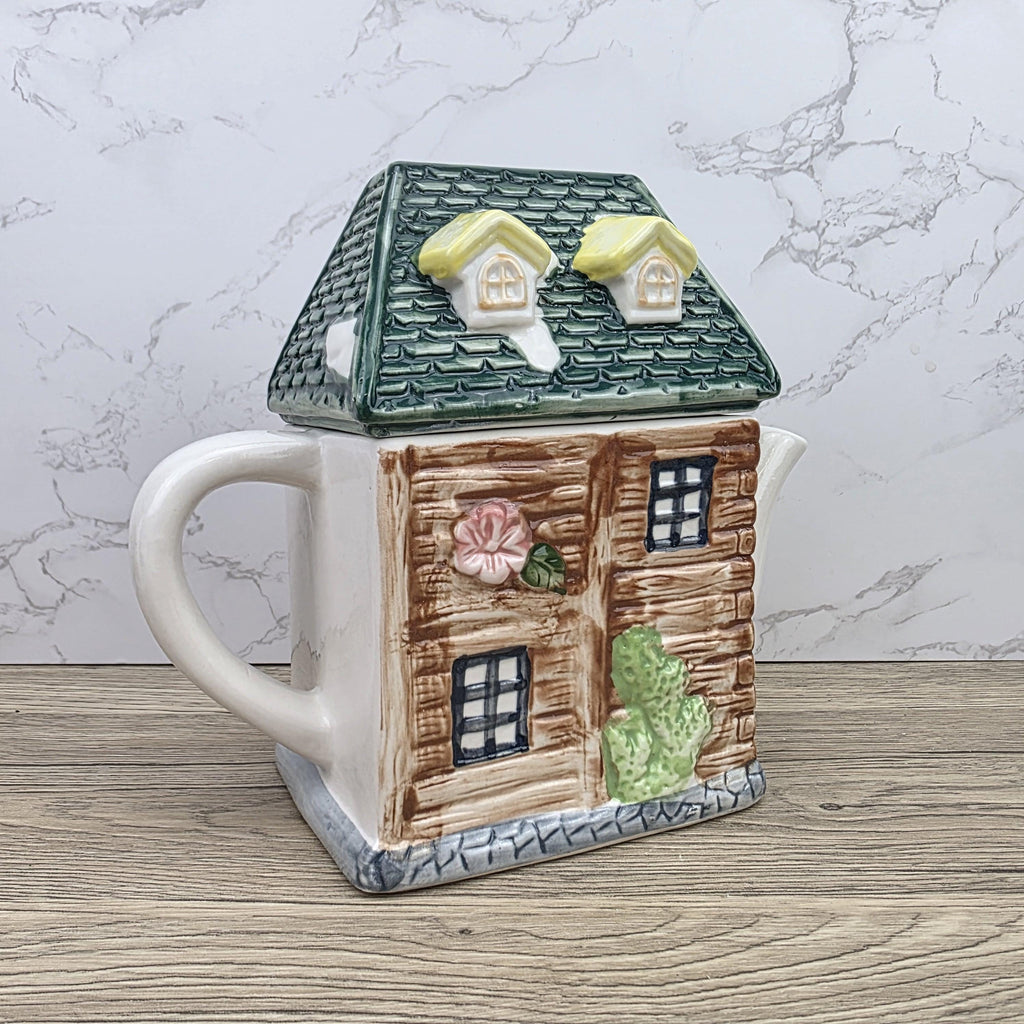 Ceramic Cottage House Teapot Vintage Kitchen Decor | Green Roof Cabin Style | Collectible Tea Serveware