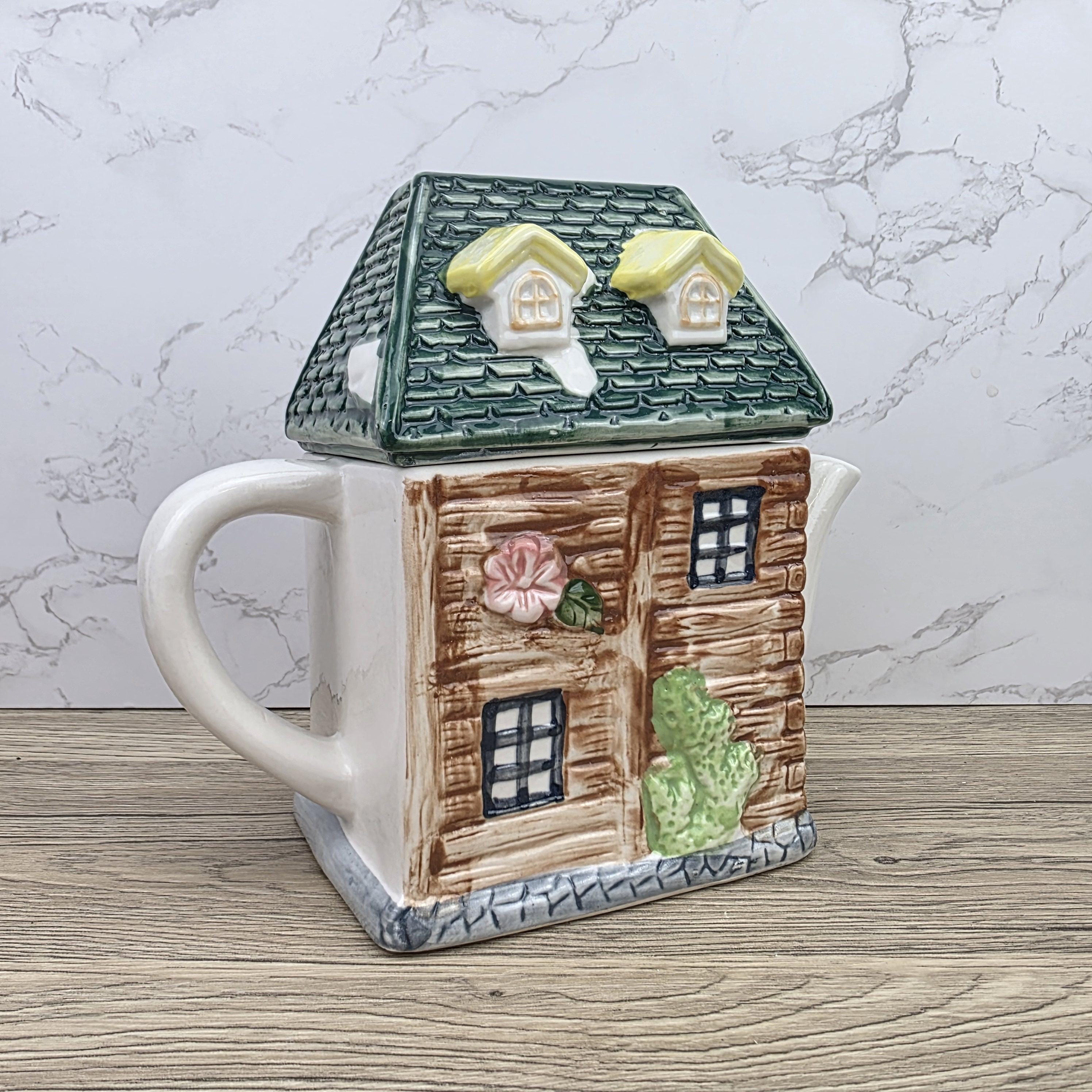 Ceramic Cottage House Teapot Vintage Kitchen Decor | Green Roof Cabin Style | Collectible Tea Serveware