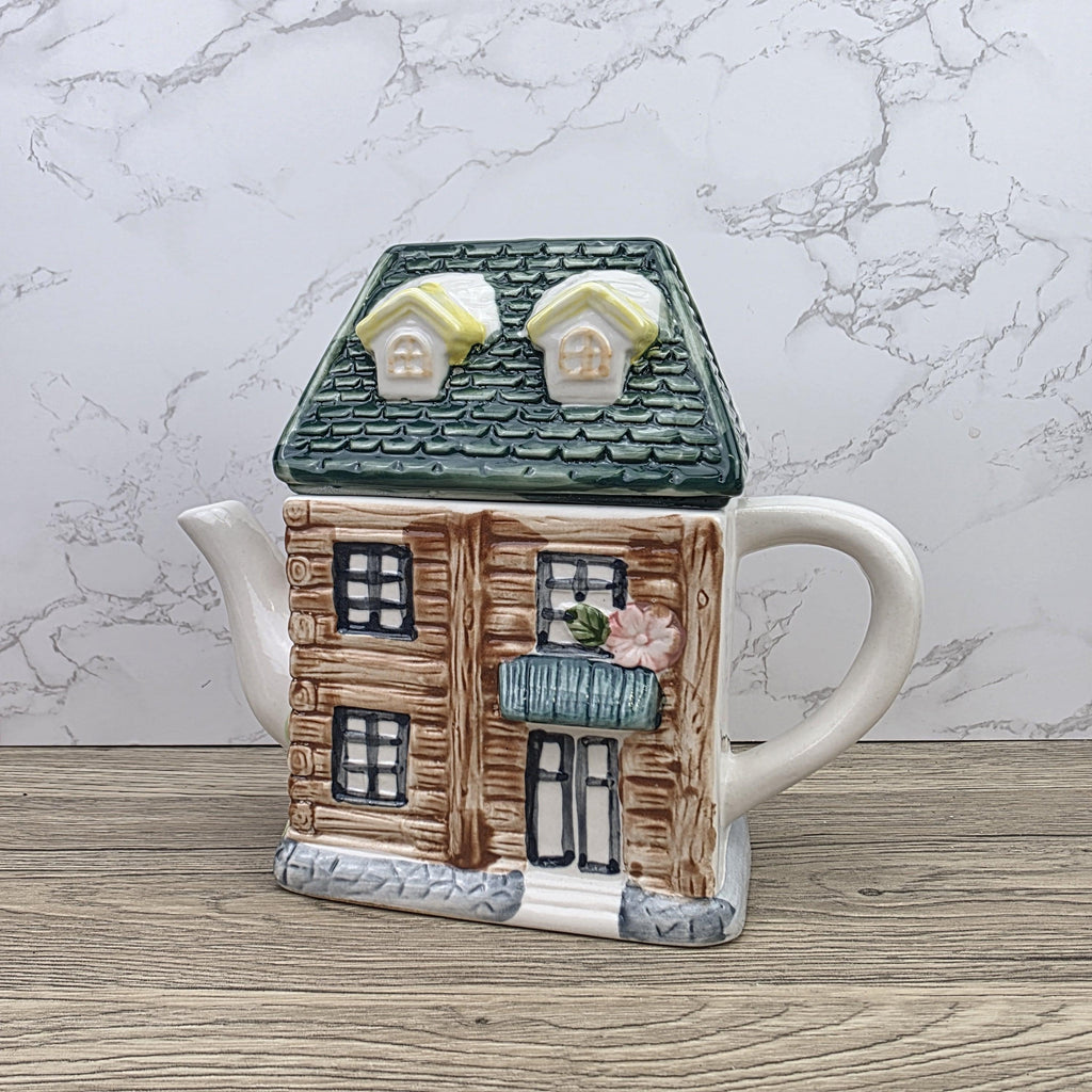 Ceramic Cottage House Teapot Vintage Kitchen Decor | Green Roof Cabin Style | Collectible Tea Serveware
