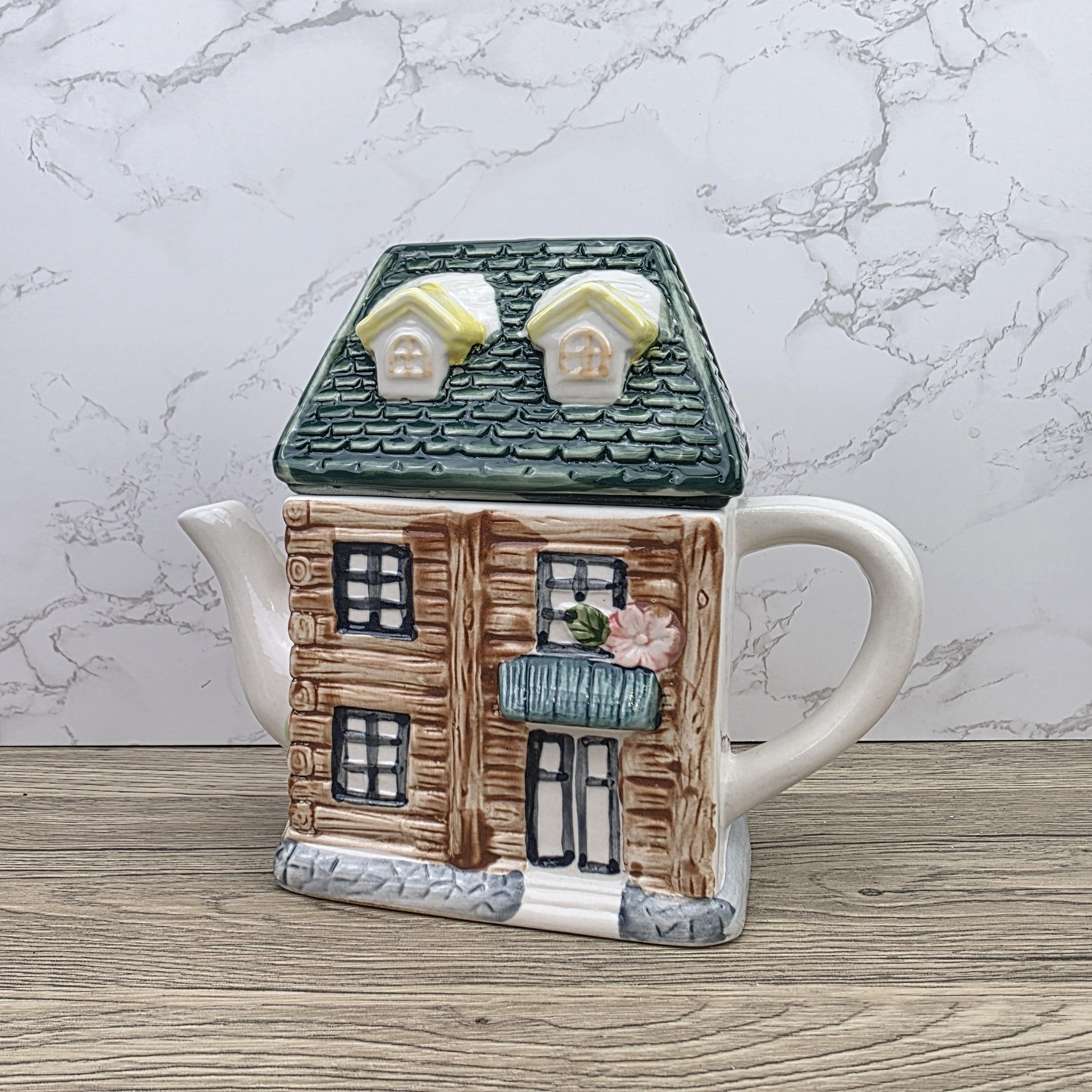 Ceramic Cottage House Teapot Vintage Kitchen Decor | Green Roof Cabin Style | Collectible Tea Serveware