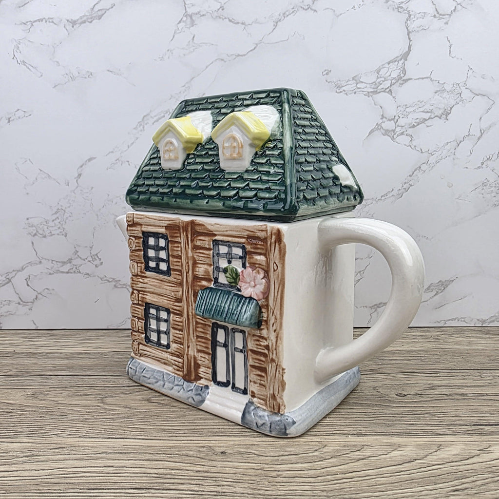 Ceramic Cottage House Teapot Vintage Kitchen Decor | Green Roof Cabin Style | Collectible Tea Serveware