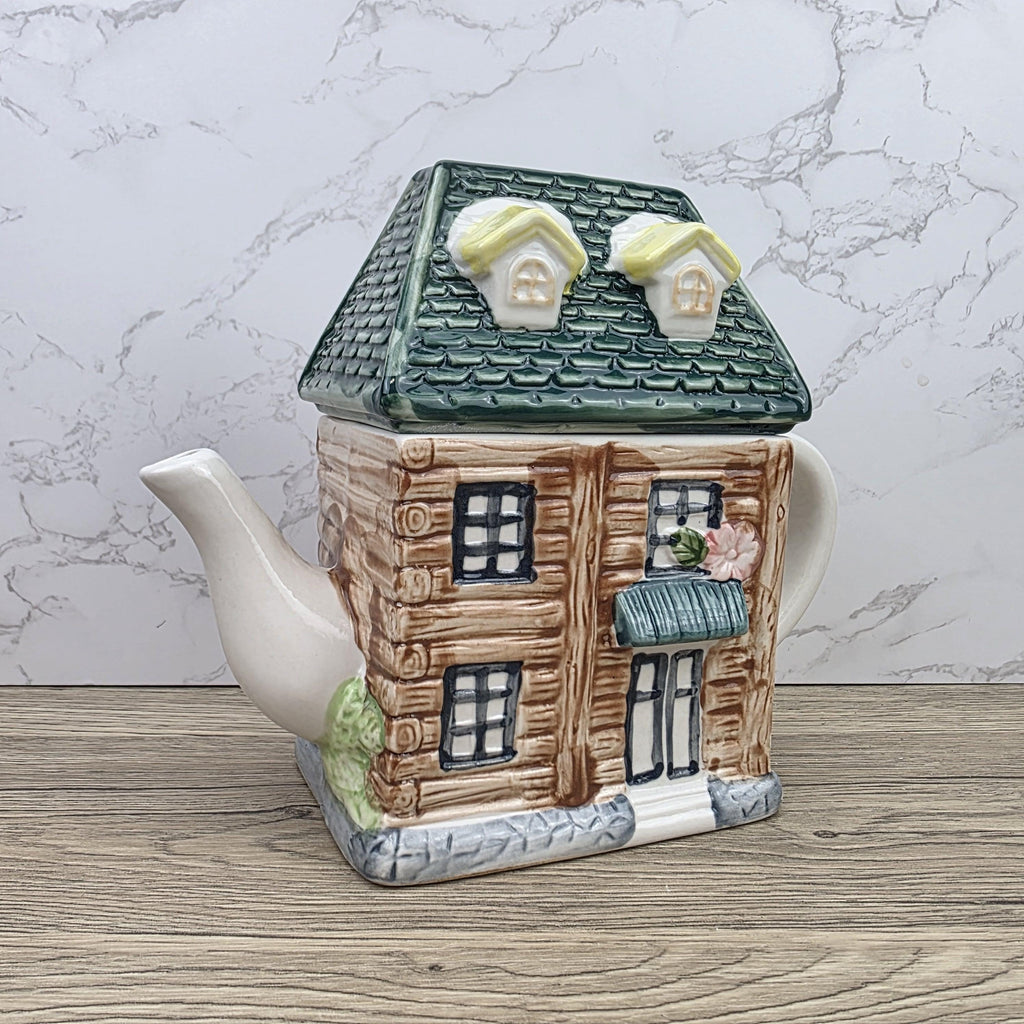 Ceramic Cottage House Teapot Vintage Kitchen Decor | Green Roof Cabin Style | Collectible Tea Serveware