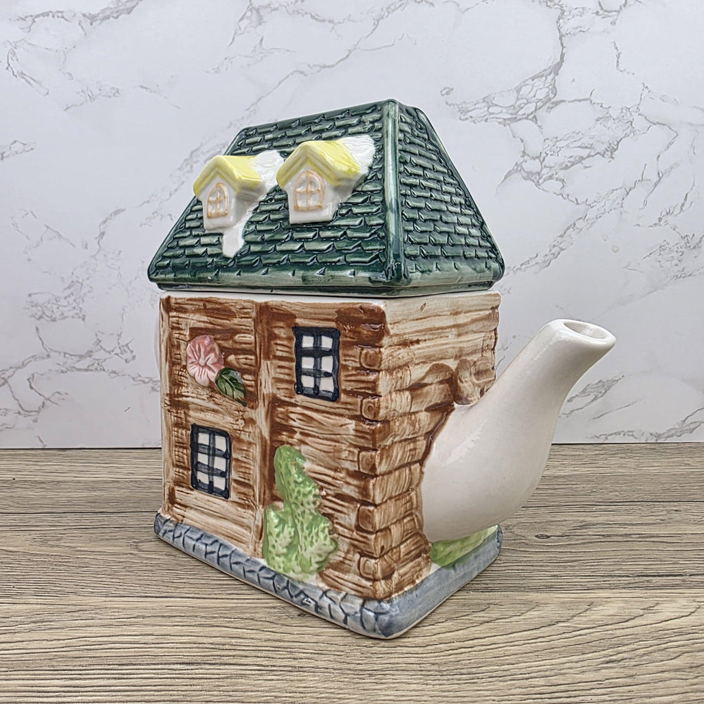 Ceramic Cottage House Teapot Vintage Kitchen Decor | Green Roof Cabin Style | Collectible Tea Serveware