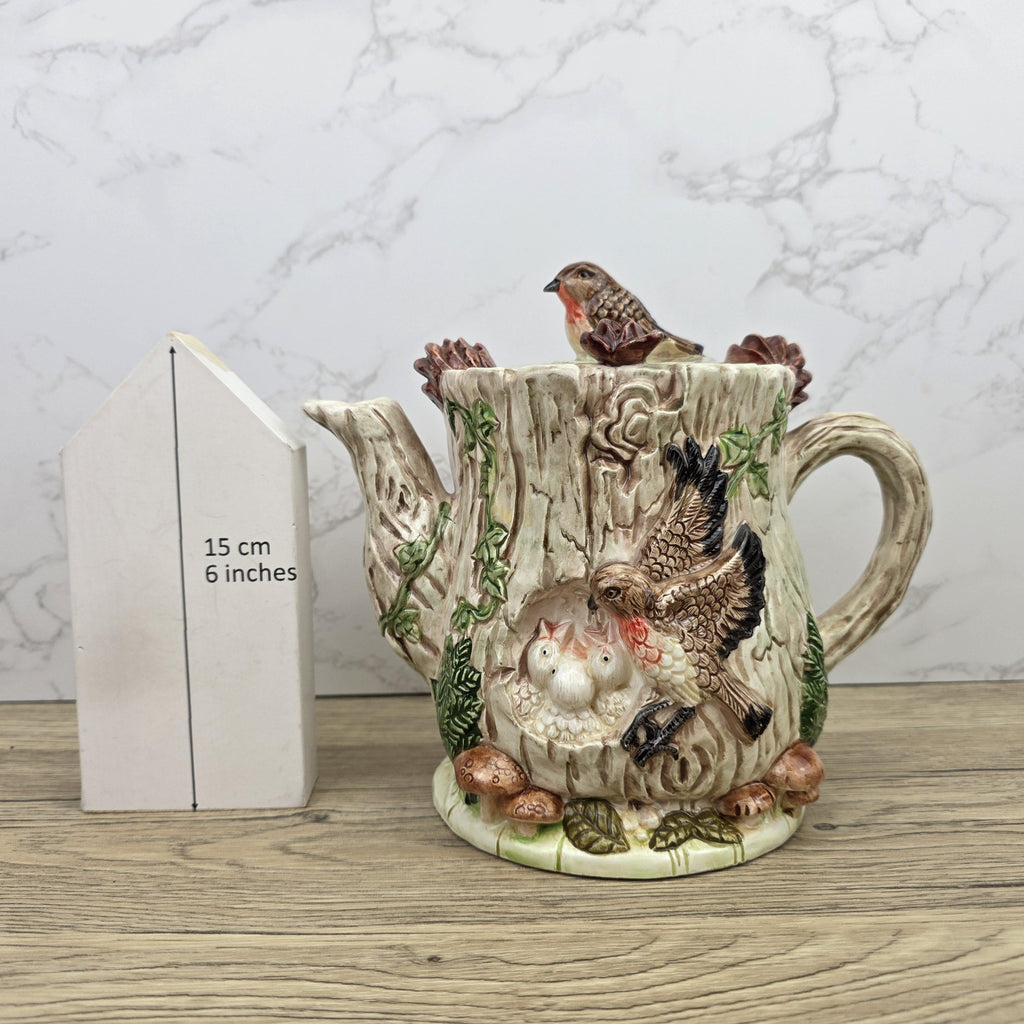 Vintage Leonardo Bird Nest Tree Stump Teapot With Lid Ceramic Woodland Relief Collectible Decoration