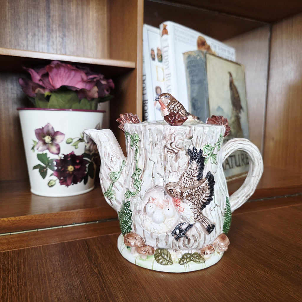 Vintage Leonardo Bird Nest Tree Stump Teapot With Lid Ceramic Woodland Relief Collectible Decoration
