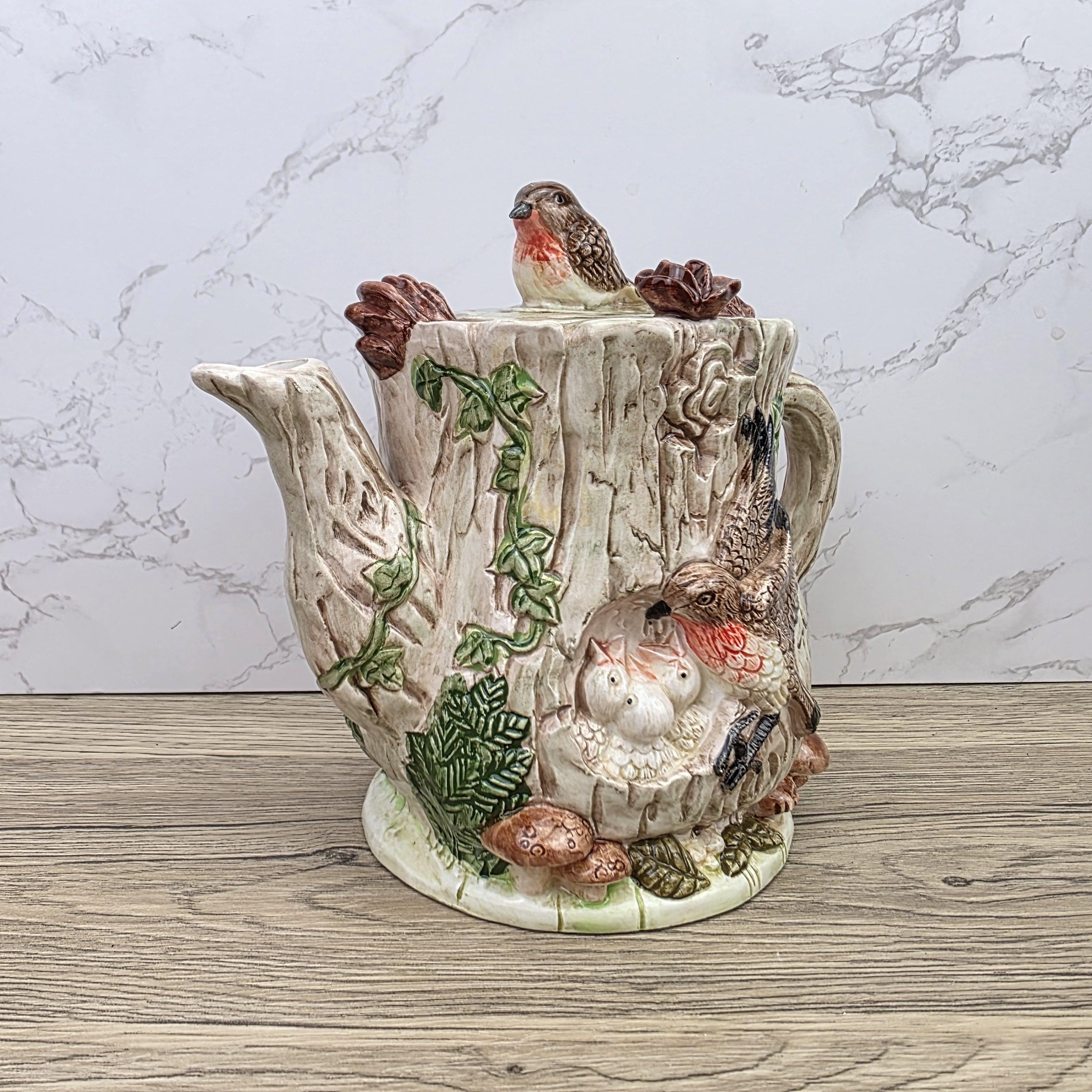 Vintage Leonardo Bird Nest Tree Stump Teapot With Lid Ceramic Woodland Relief Collectible Decoration