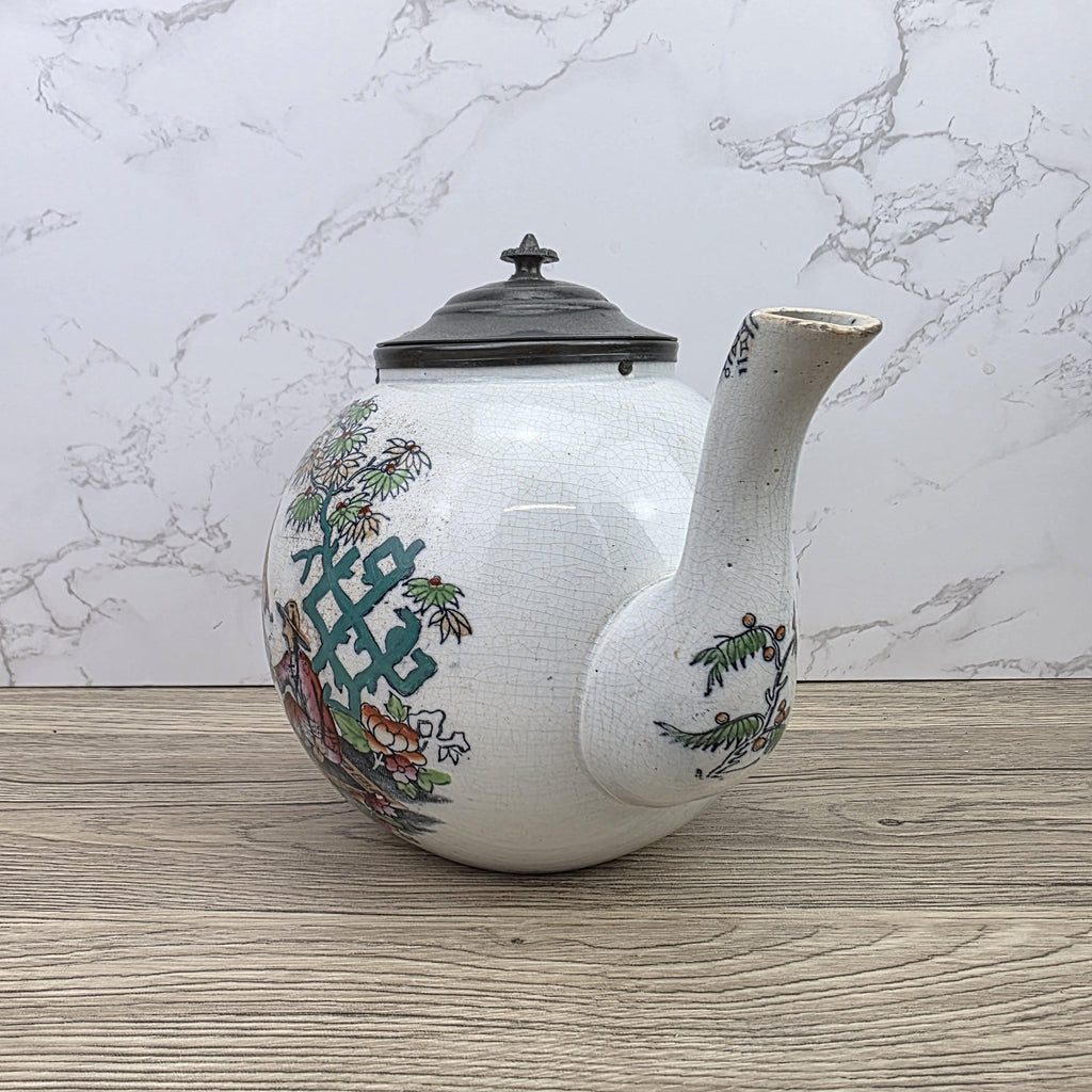 Pekin Crackle Glaze Ceramic Teapot With Metal Lid | Hand Painted Chinese Scene | Vintage Decor