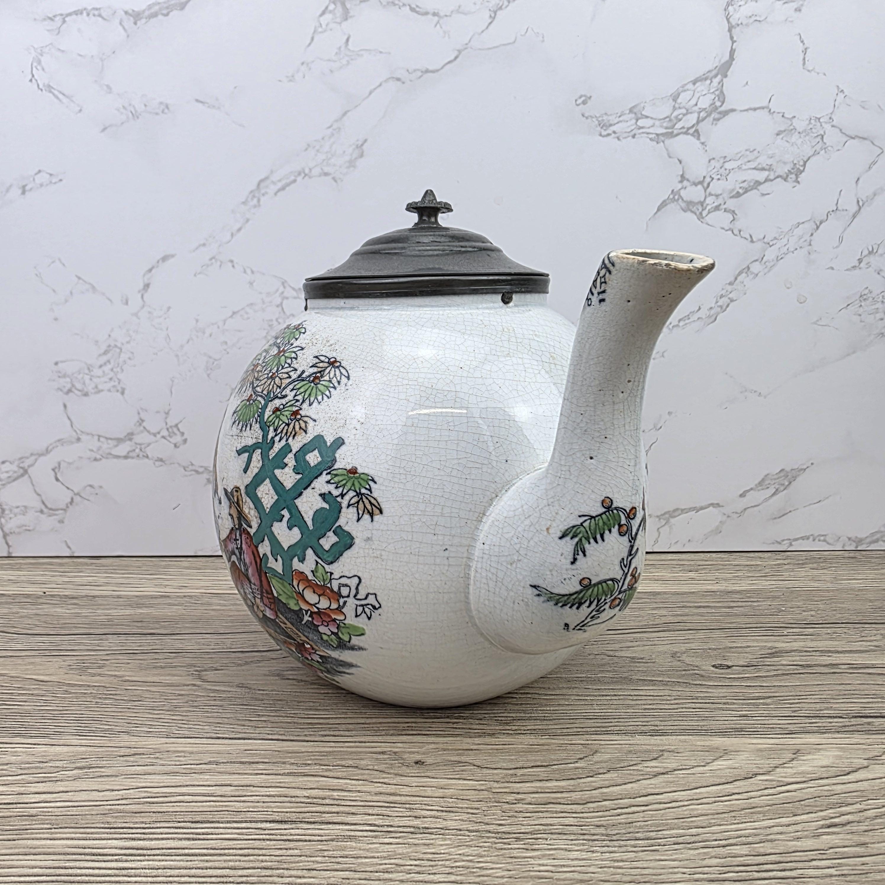 Pekin Crackle Glaze Ceramic Teapot With Metal Lid | Hand Painted Chinese Scene | Vintage Decor