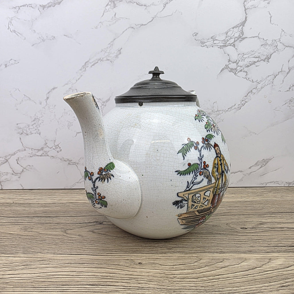 Pekin Crackle Glaze Ceramic Teapot With Metal Lid | Hand Painted Chinese Scene | Vintage Decor