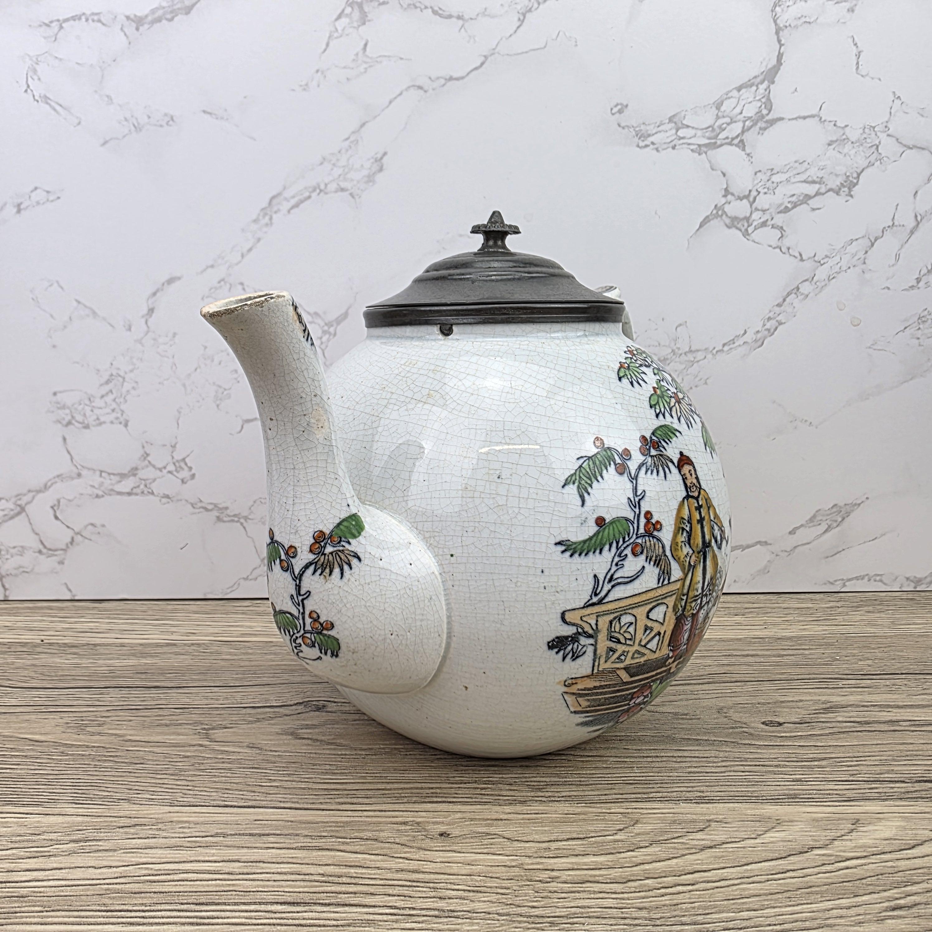 Pekin Crackle Glaze Ceramic Teapot With Metal Lid | Hand Painted Chinese Scene | Vintage Decor