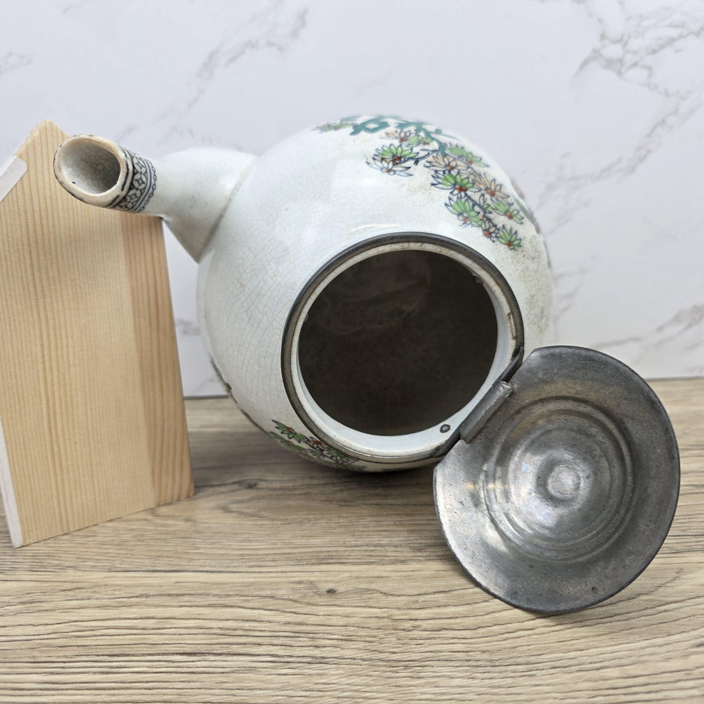 Pekin Crackle Glaze Ceramic Teapot With Metal Lid | Hand Painted Chinese Scene | Vintage Decor