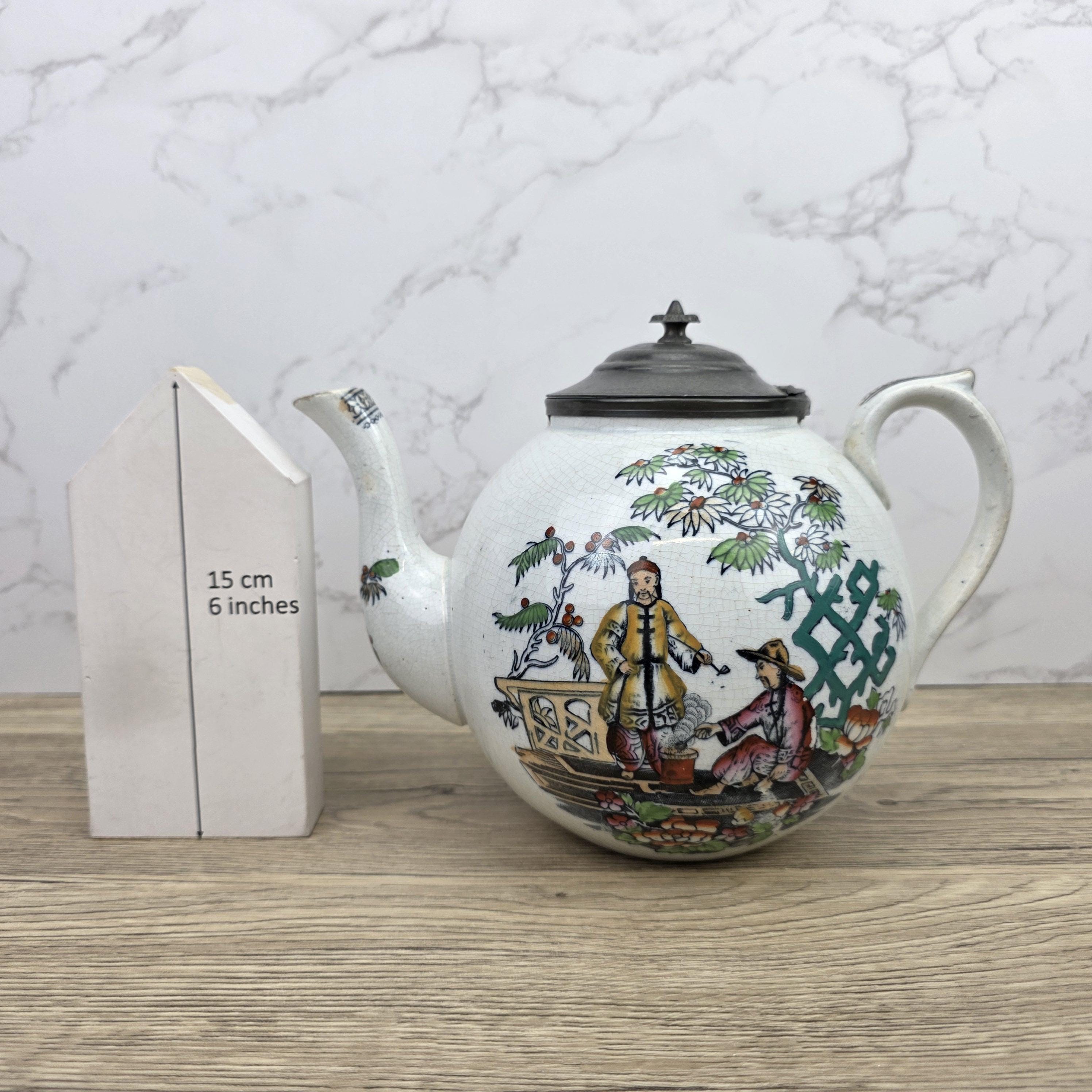 Pekin Crackle Glaze Ceramic Teapot With Metal Lid | Hand Painted Chinese Scene | Vintage Decor
