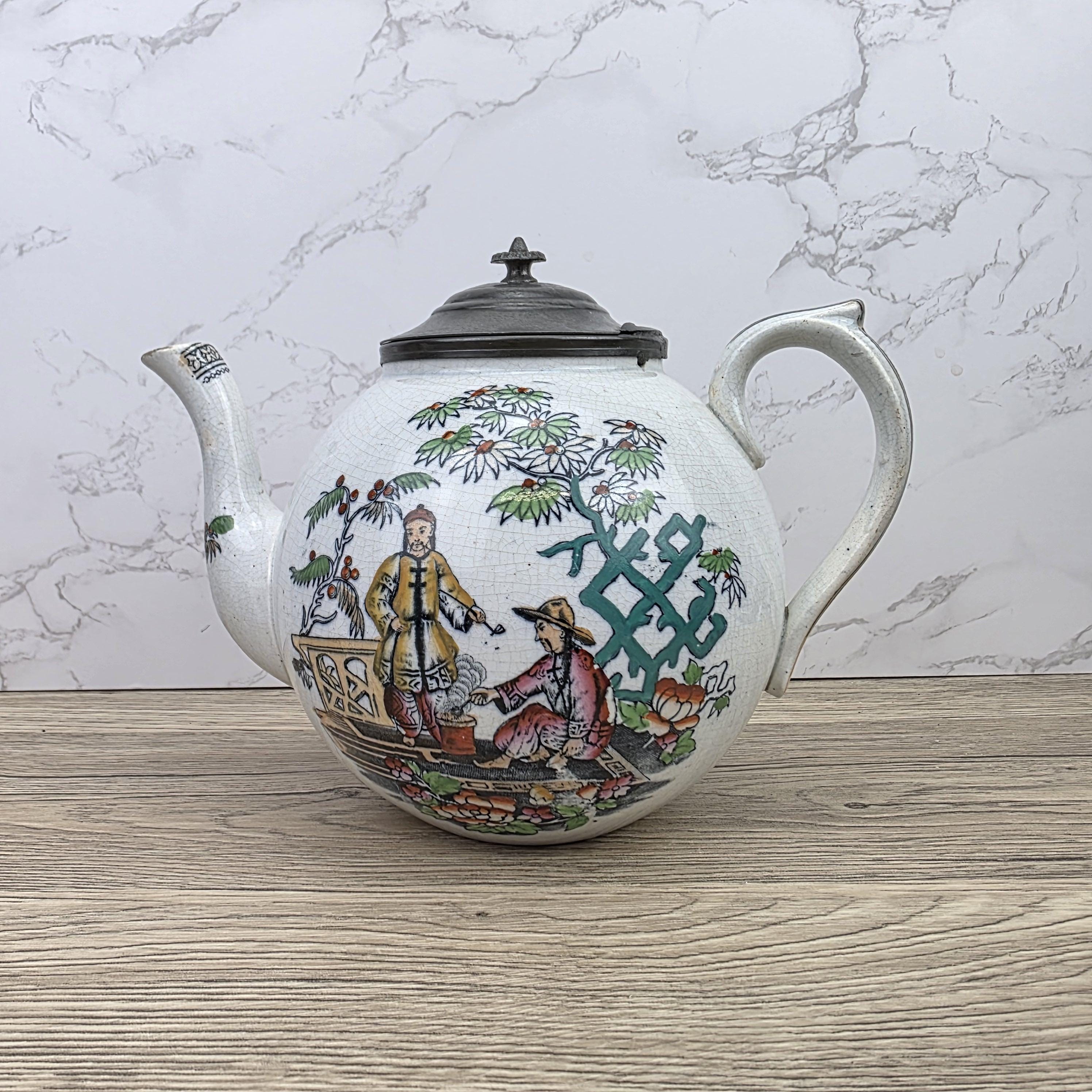 Pekin Crackle Glaze Ceramic Teapot With Metal Lid | Hand Painted Chinese Scene | Vintage Decor