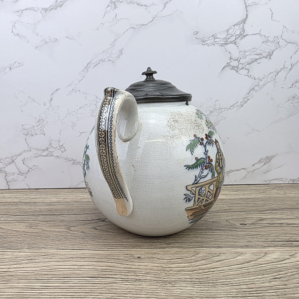 Pekin Crackle Glaze Ceramic Teapot With Metal Lid | Hand Painted Chinese Scene | Vintage Decor