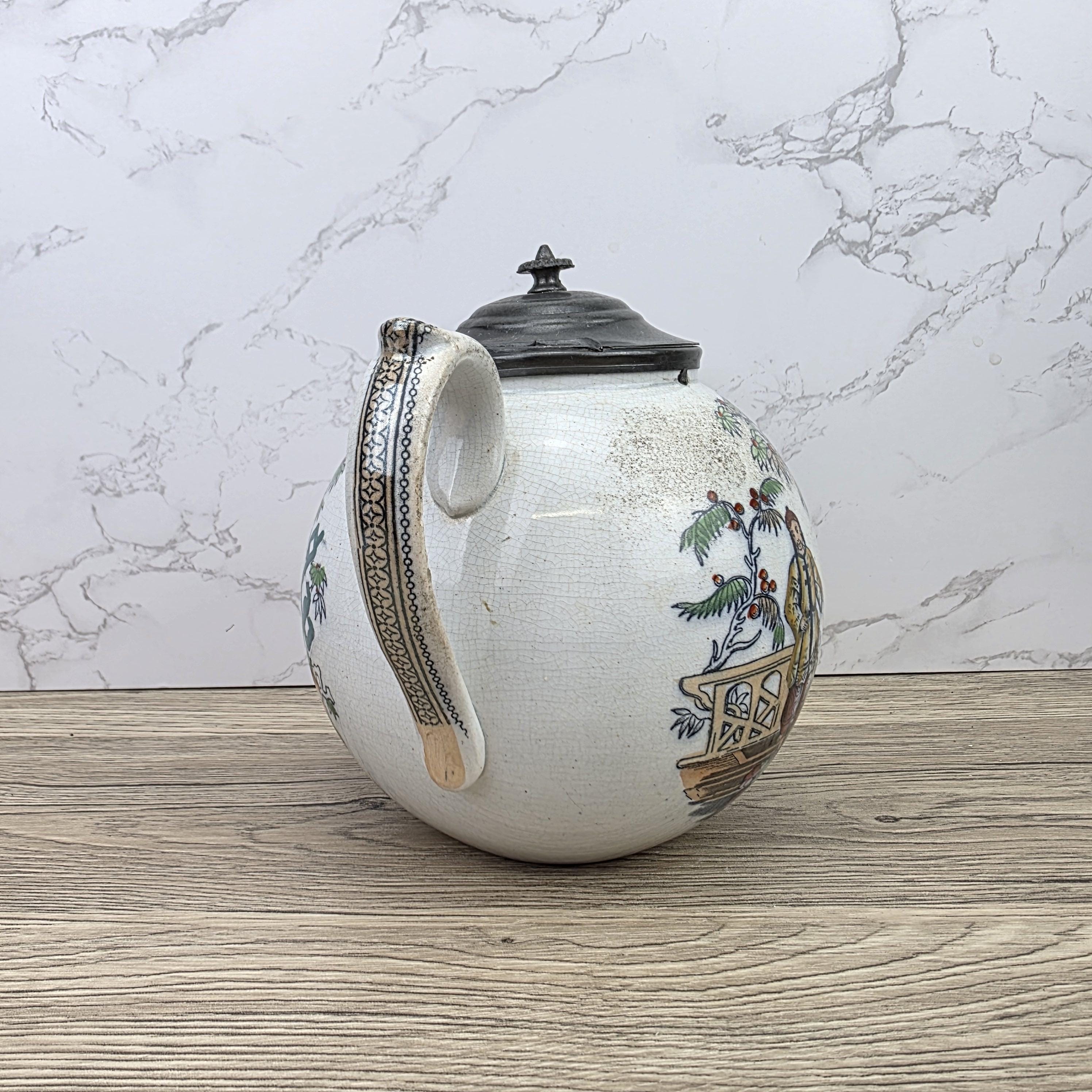 Pekin Crackle Glaze Ceramic Teapot With Metal Lid | Hand Painted Chinese Scene | Vintage Decor
