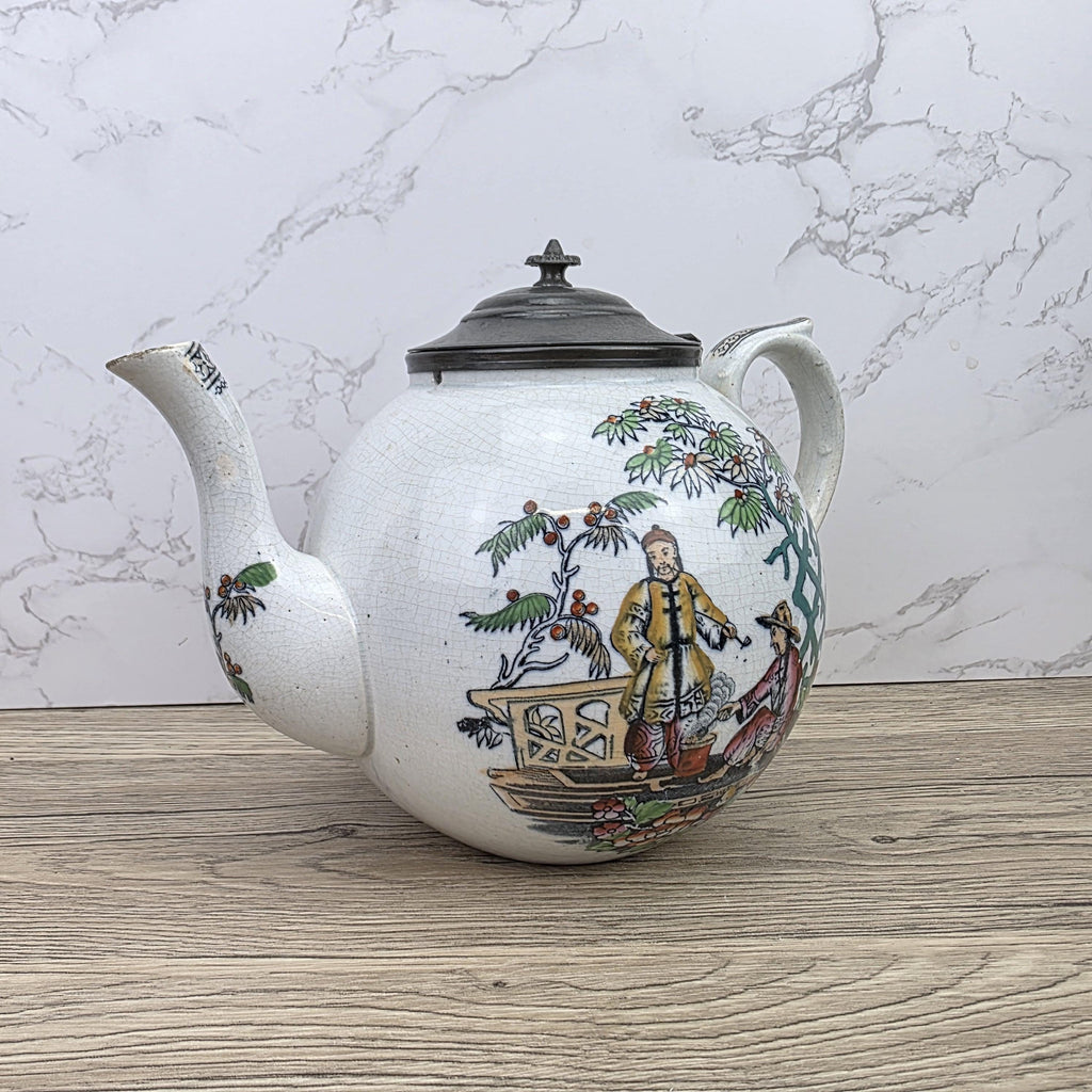 Pekin Crackle Glaze Ceramic Teapot With Metal Lid | Hand Painted Chinese Scene | Vintage Decor