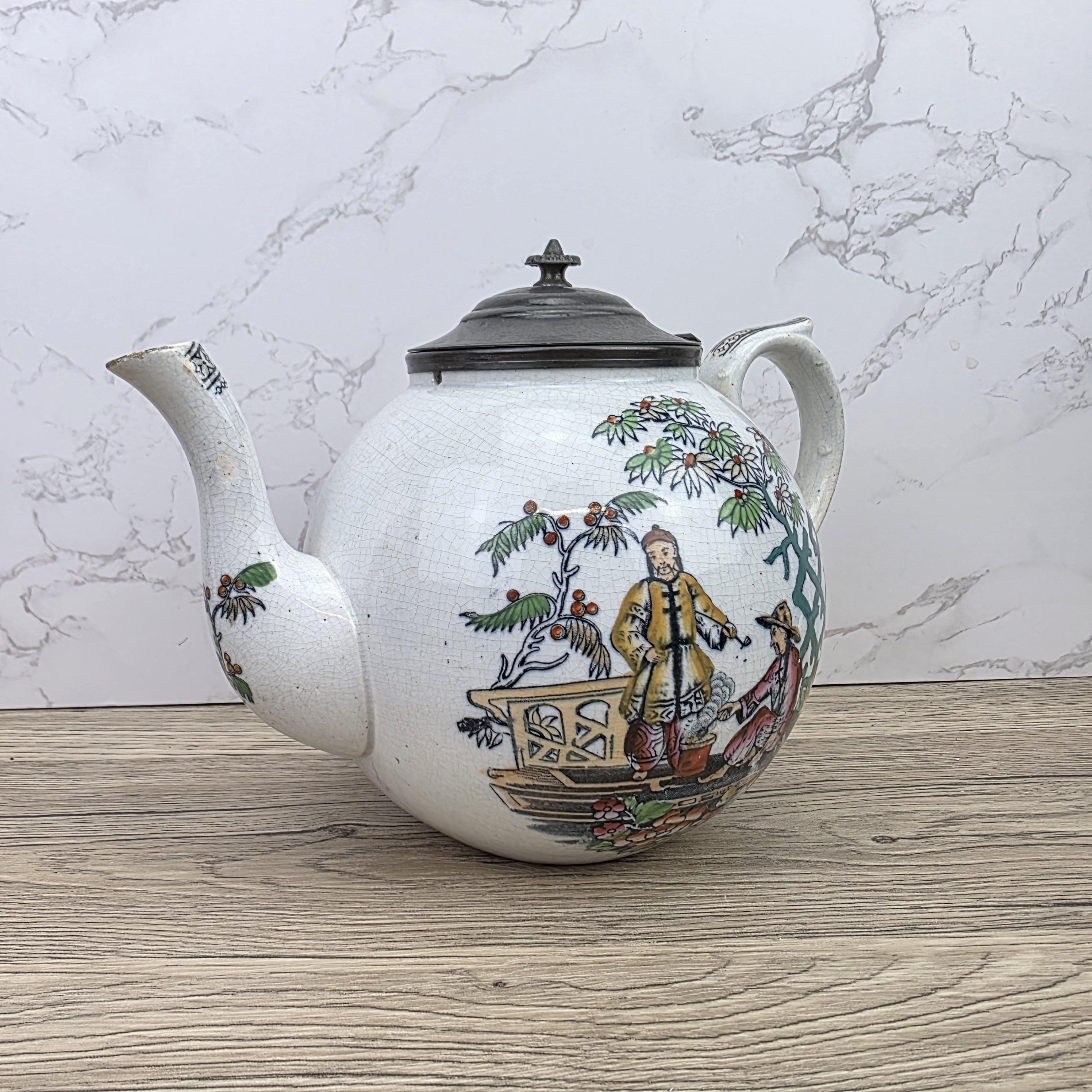 Pekin Crackle Glaze Ceramic Teapot With Metal Lid | Hand Painted Chinese Scene | Vintage Decor
