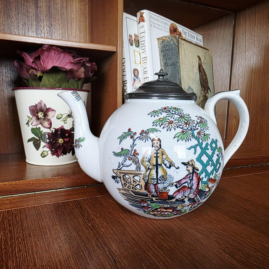Pekin Crackle Glaze Ceramic Teapot With Metal Lid | Hand Painted Chinese Scene | Vintage Decor