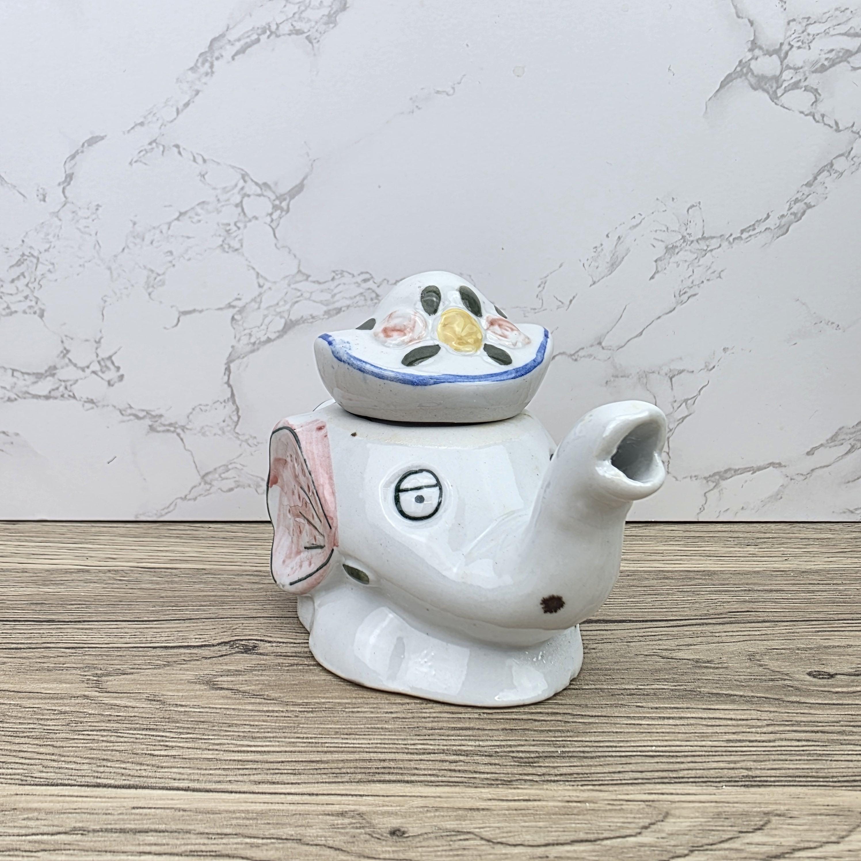 Antique Elephant Teapot White Ceramic Animal Folk Art Collectible Mid Century Tableware Figural
