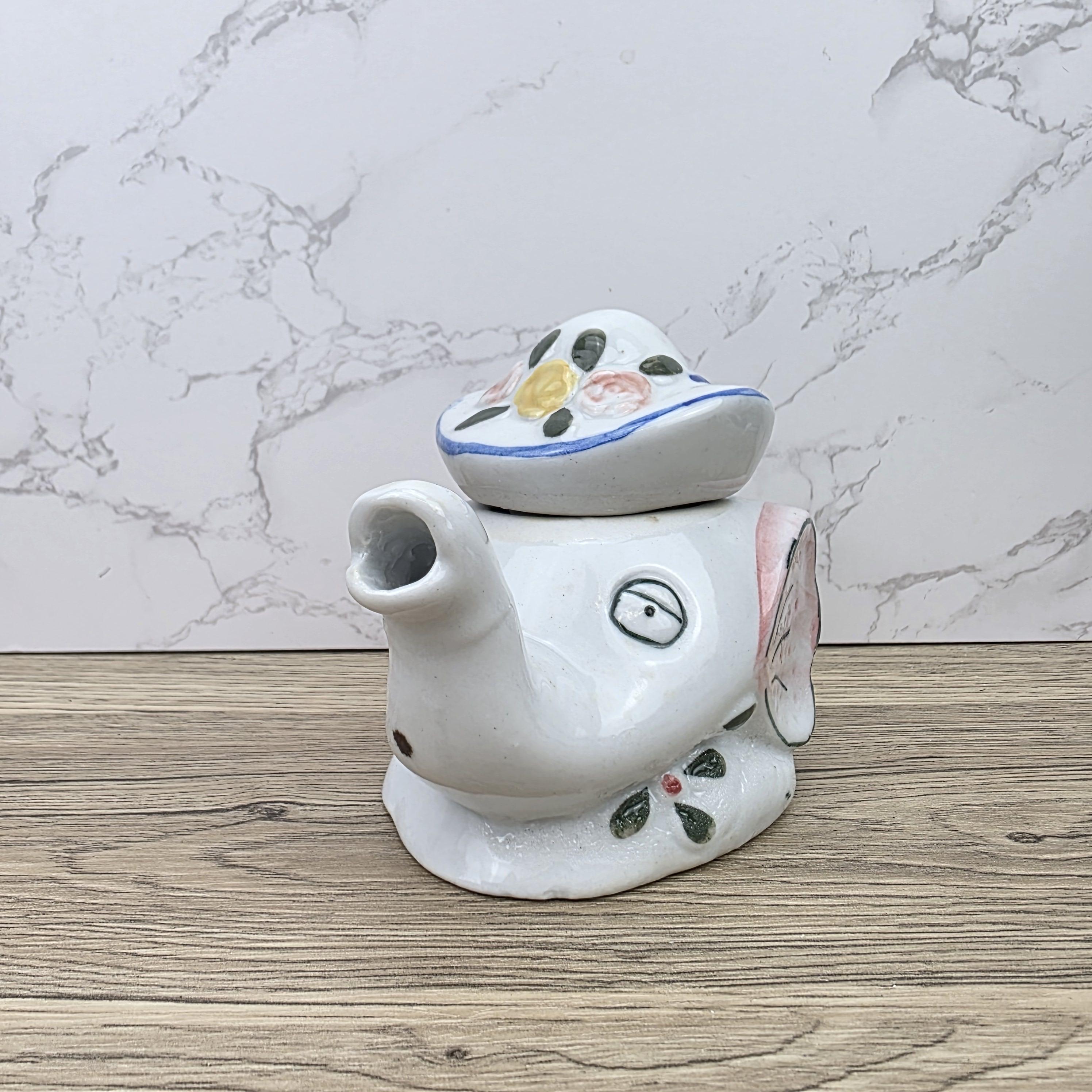 Antique Elephant Teapot White Ceramic Animal Folk Art Collectible Mid Century Tableware Figural
