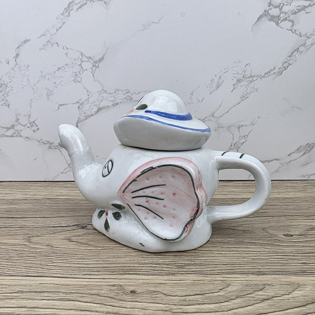 Antique Elephant Teapot White Ceramic Animal Folk Art Collectible Mid Century Tableware Figural