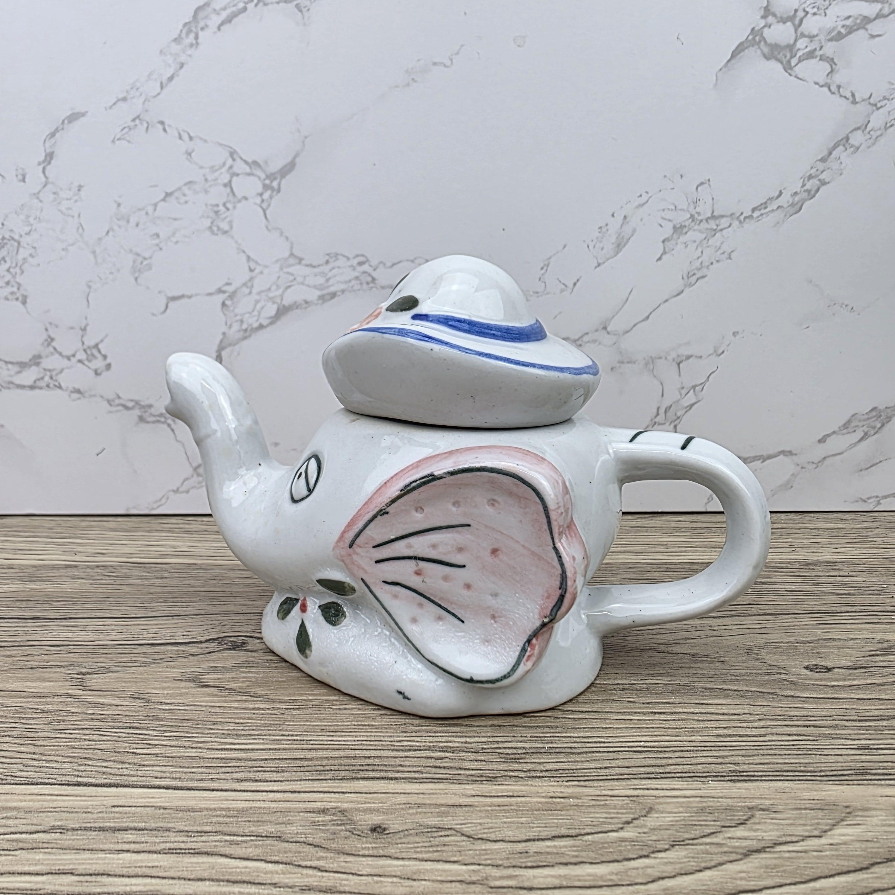Antique Elephant Teapot White Ceramic Animal Folk Art Collectible Mid Century Tableware Figural