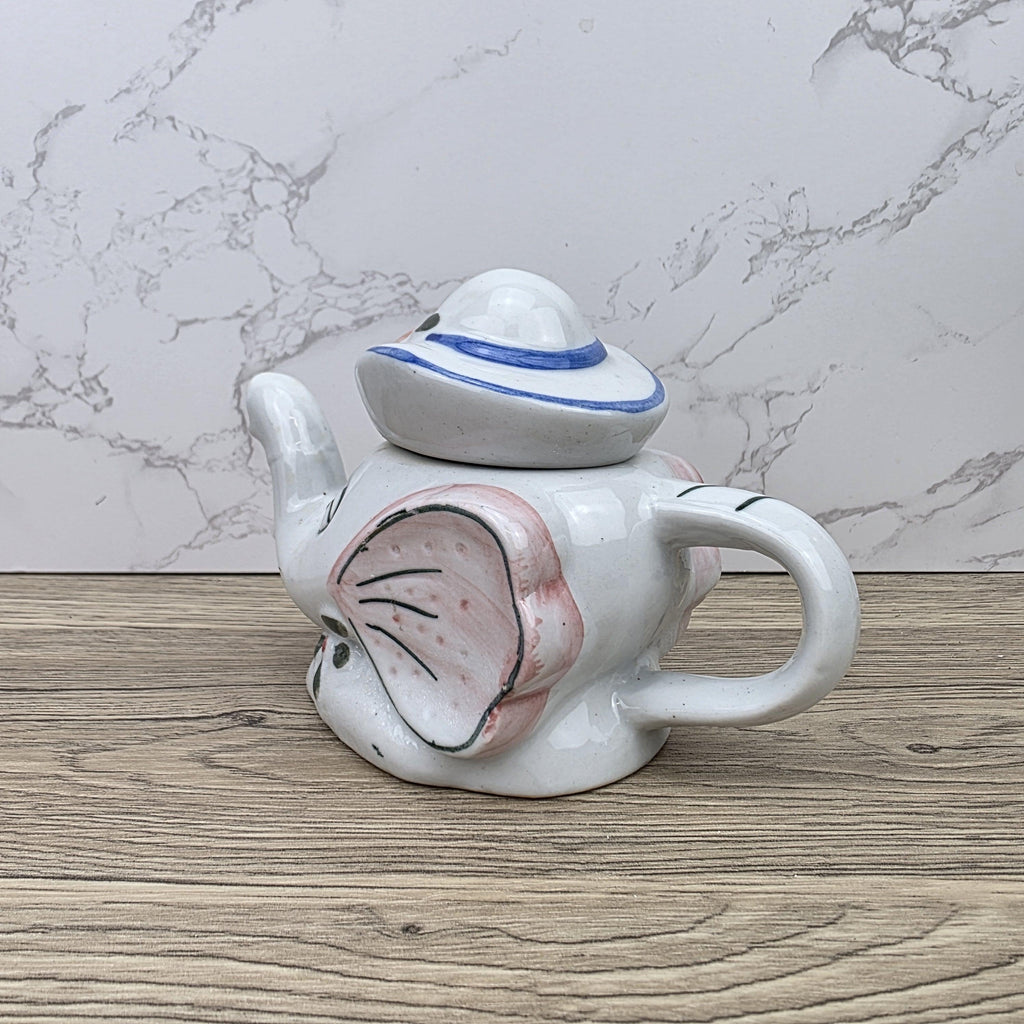 Antique Elephant Teapot White Ceramic Animal Folk Art Collectible Mid Century Tableware Figural