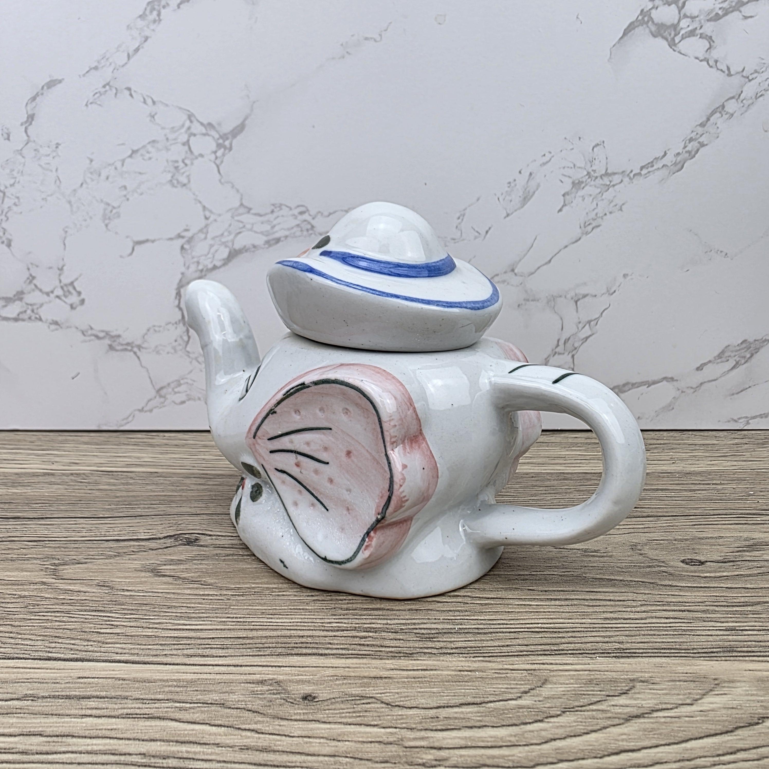 Antique Elephant Teapot White Ceramic Animal Folk Art Collectible Mid Century Tableware Figural