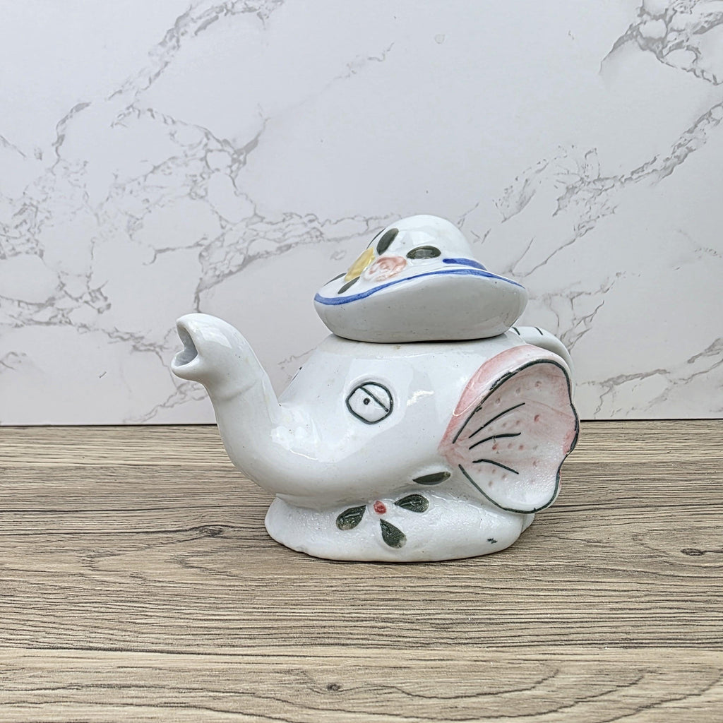 Antique Elephant Teapot White Ceramic Animal Folk Art Collectible Mid Century Tableware Figural