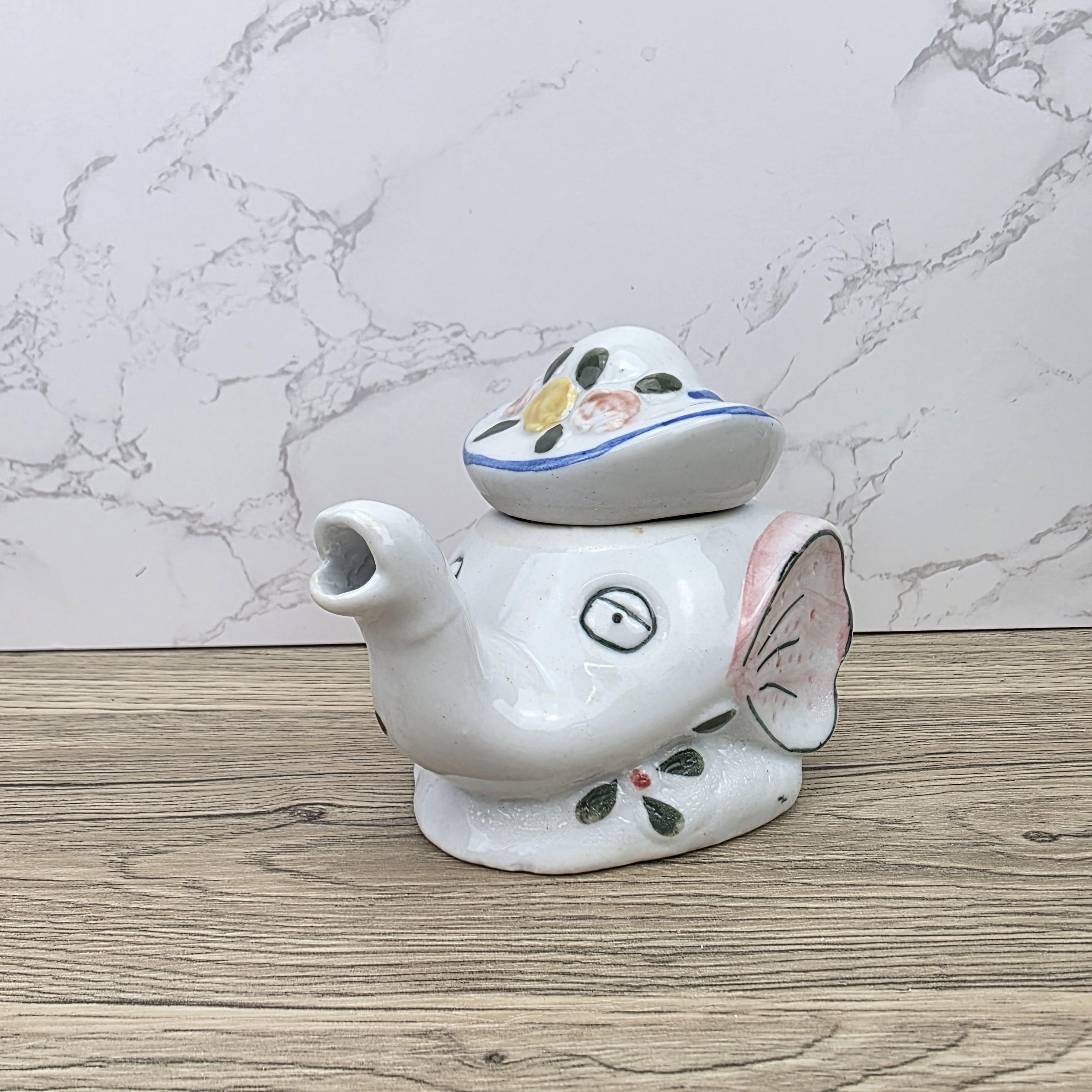 Antique Elephant Teapot White Ceramic Animal Folk Art Collectible Mid Century Tableware Figural