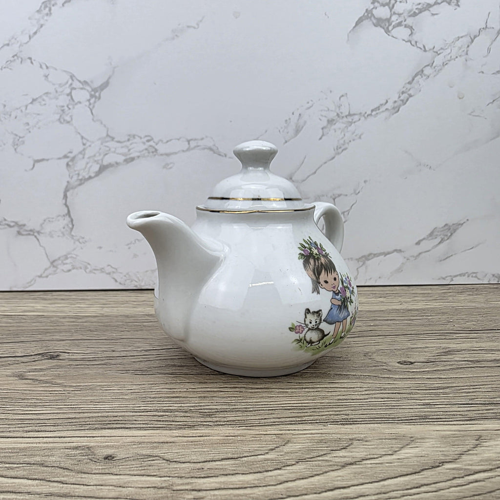 Ceramic Teapot with Child Motif Antique White Folk Art Collectible Mid Century Decorative Tableware