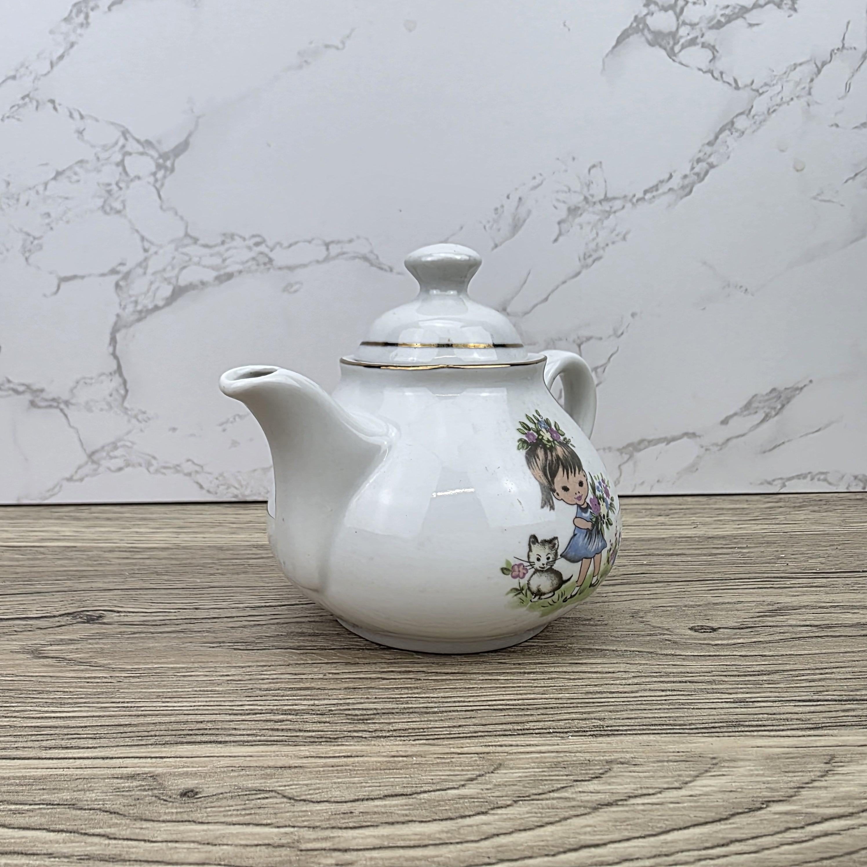Ceramic Teapot with Child Motif Antique White Folk Art Collectible Mid Century Decorative Tableware