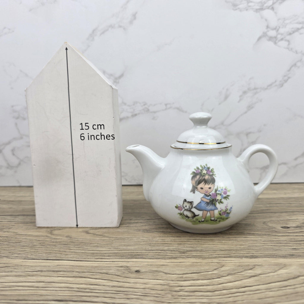 Ceramic Teapot with Child Motif Antique White Folk Art Collectible Mid Century Decorative Tableware