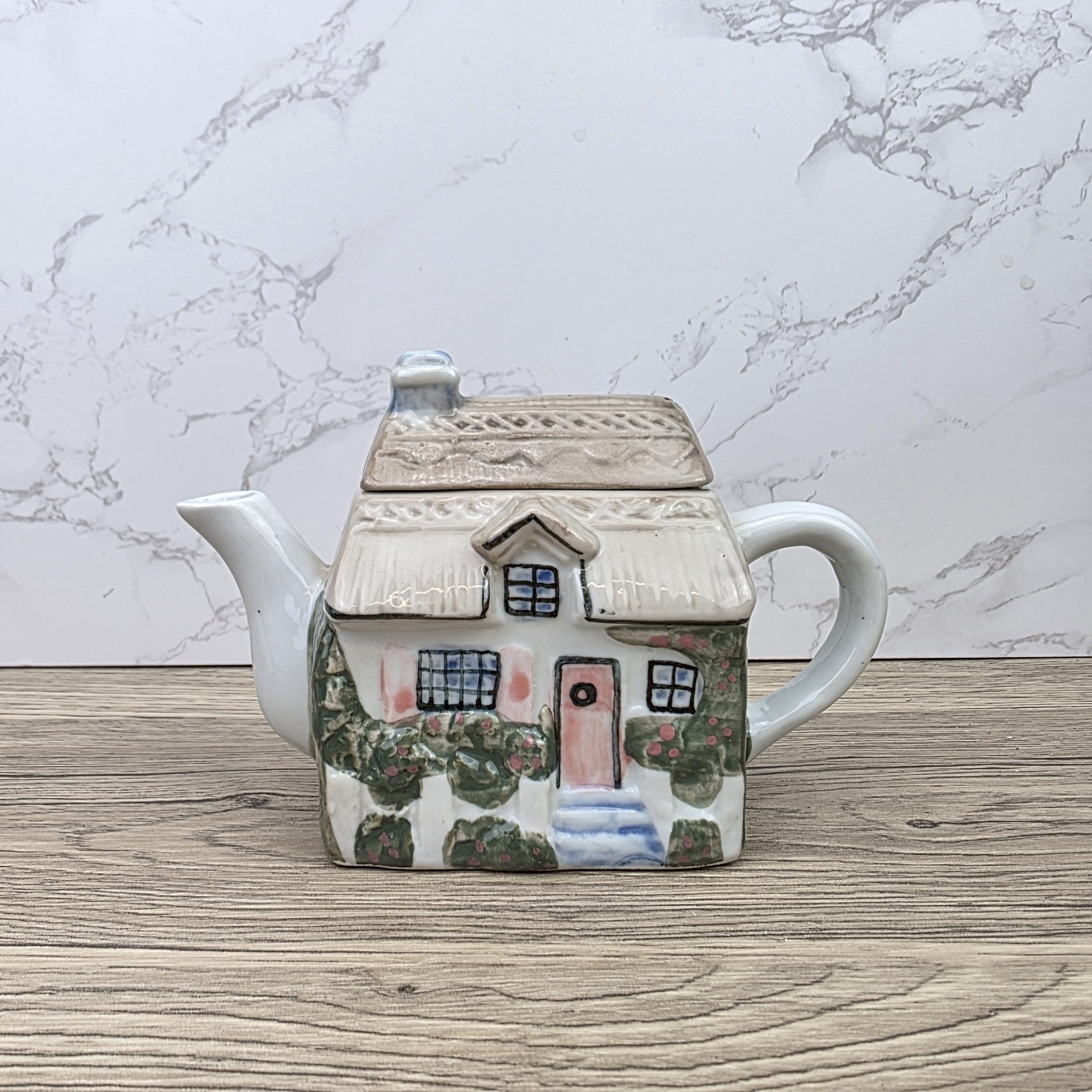 Antique Cottage House Teapot Hand Painted Ceramic Folk Art Novelty English Country Tableware Collectible