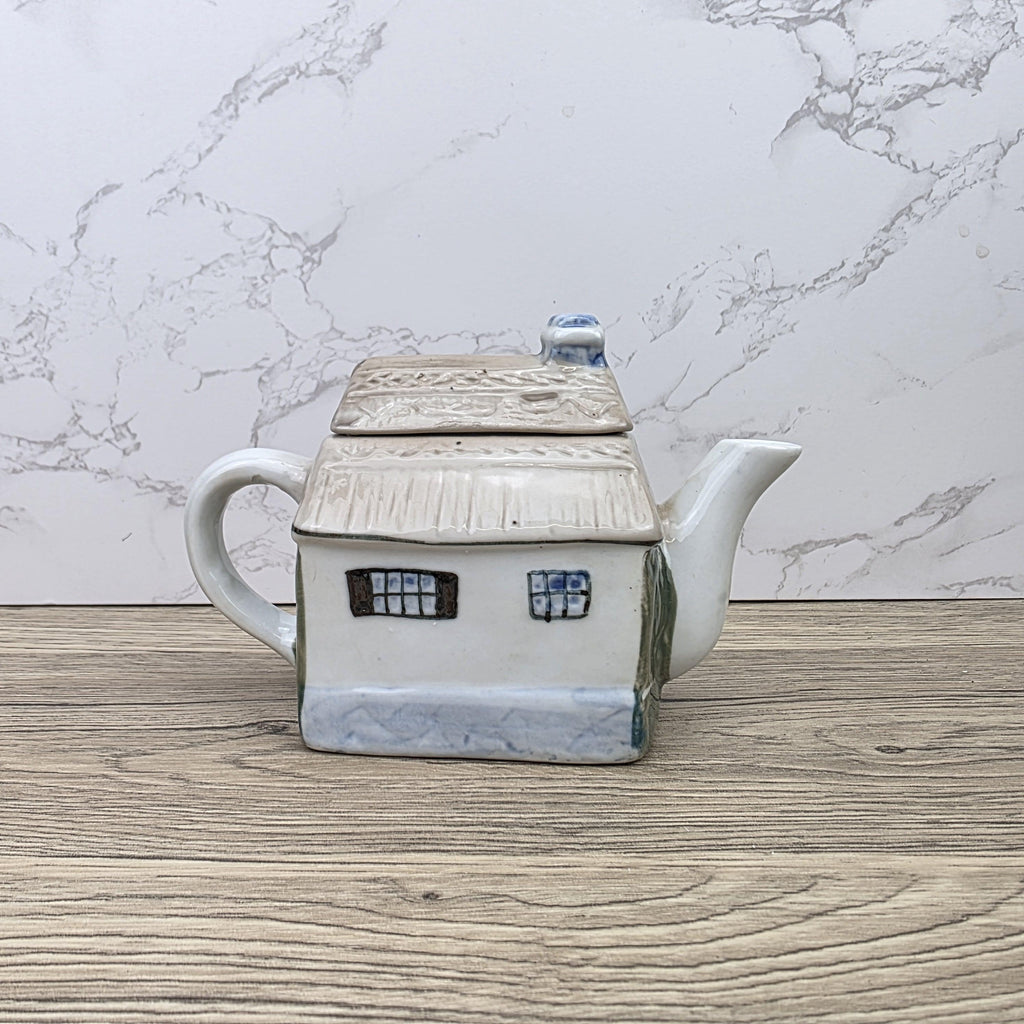 Antique Cottage House Teapot Hand Painted Ceramic Folk Art Novelty English Country Tableware Collectible