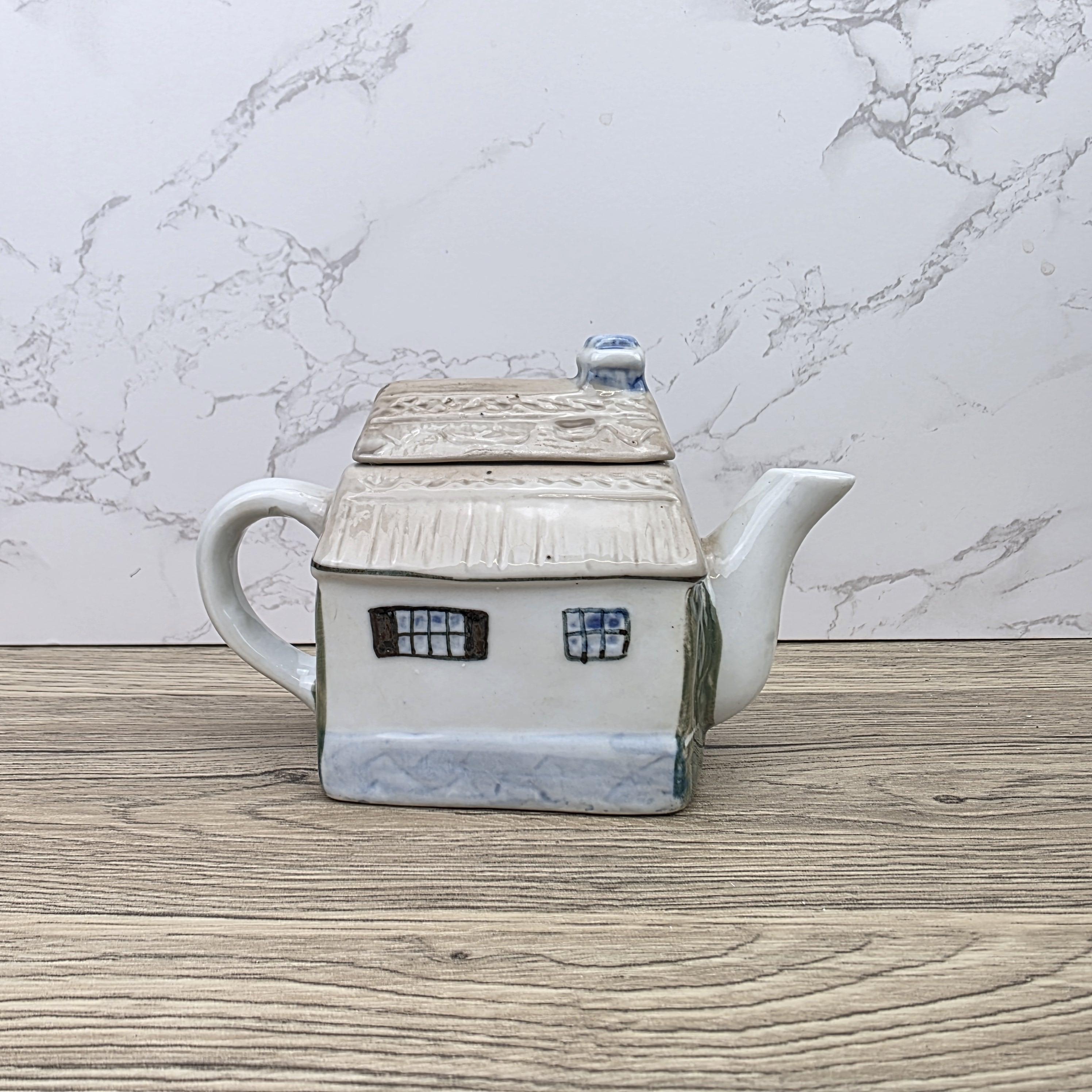 Antique Cottage House Teapot Hand Painted Ceramic Folk Art Novelty English Country Tableware Collectible