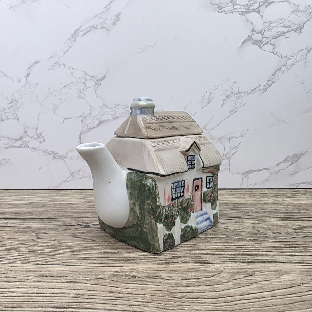 Antique Cottage House Teapot Hand Painted Ceramic Folk Art Novelty English Country Tableware Collectible