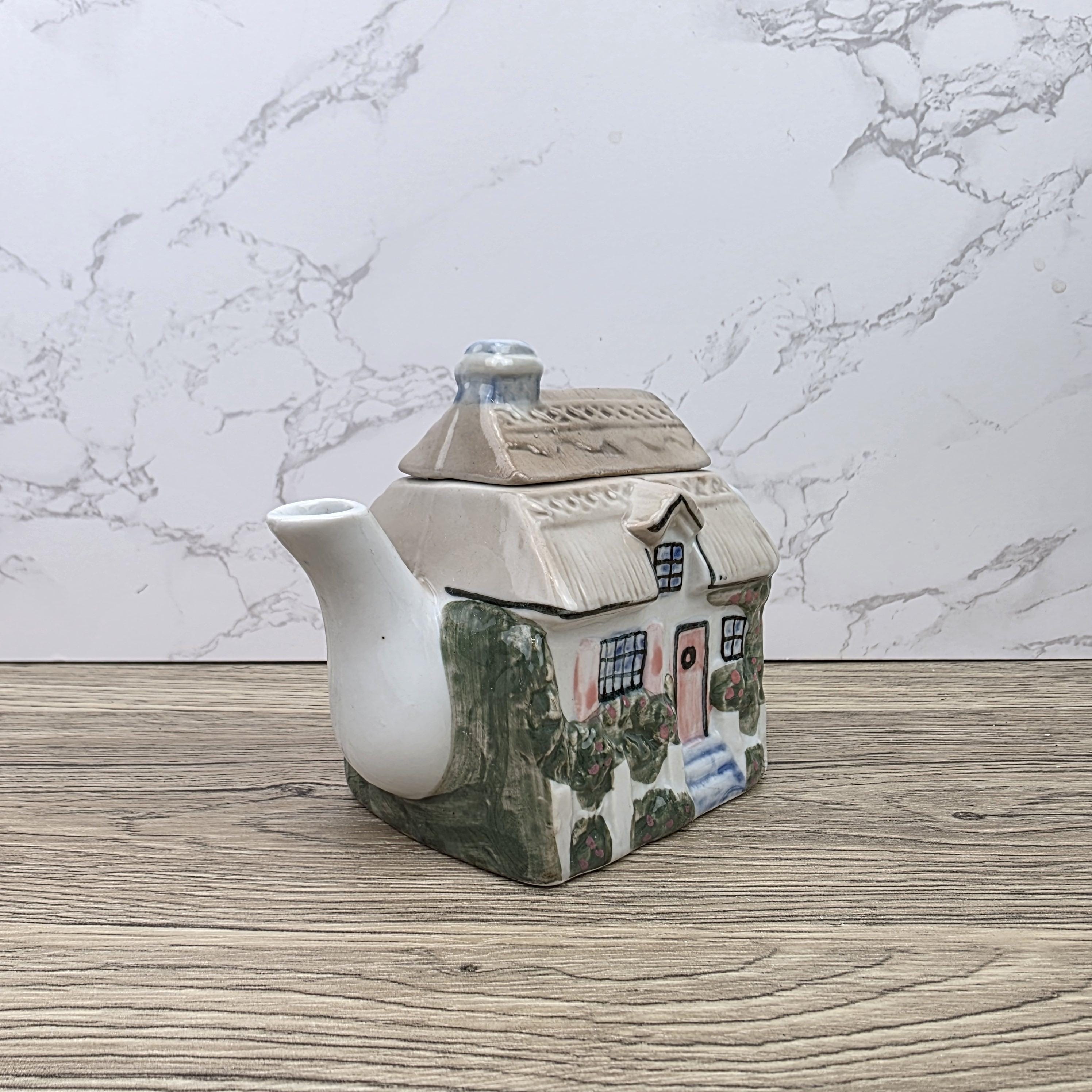 Antique Cottage House Teapot Hand Painted Ceramic Folk Art Novelty English Country Tableware Collectible