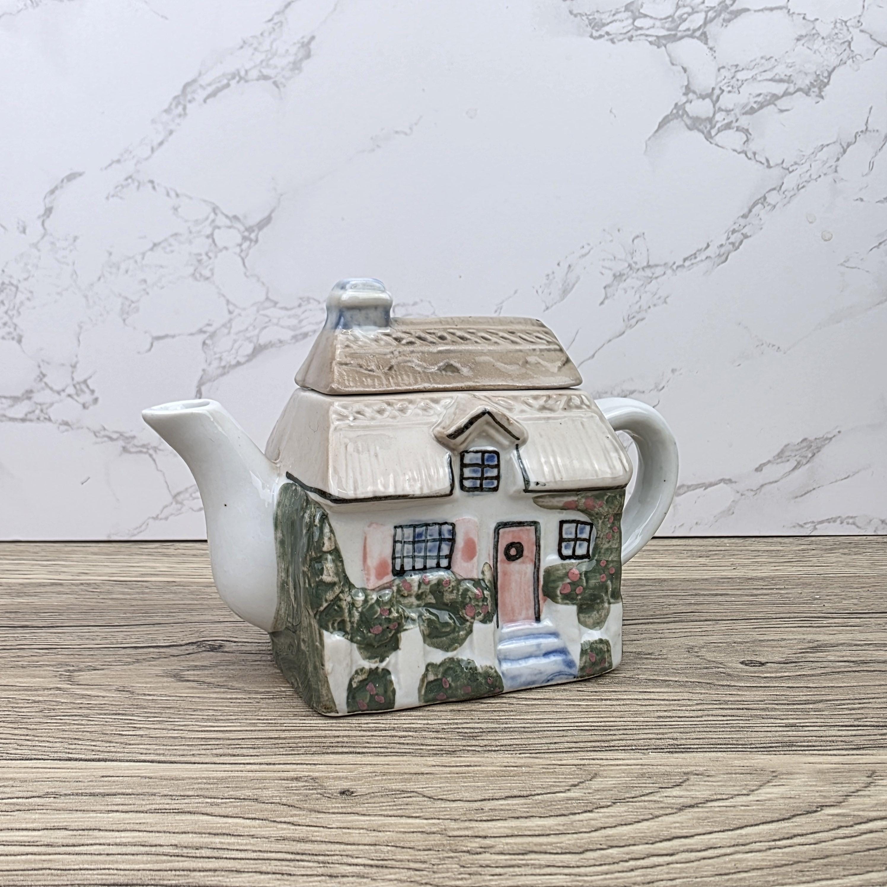 Antique Cottage House Teapot Hand Painted Ceramic Folk Art Novelty English Country Tableware Collectible