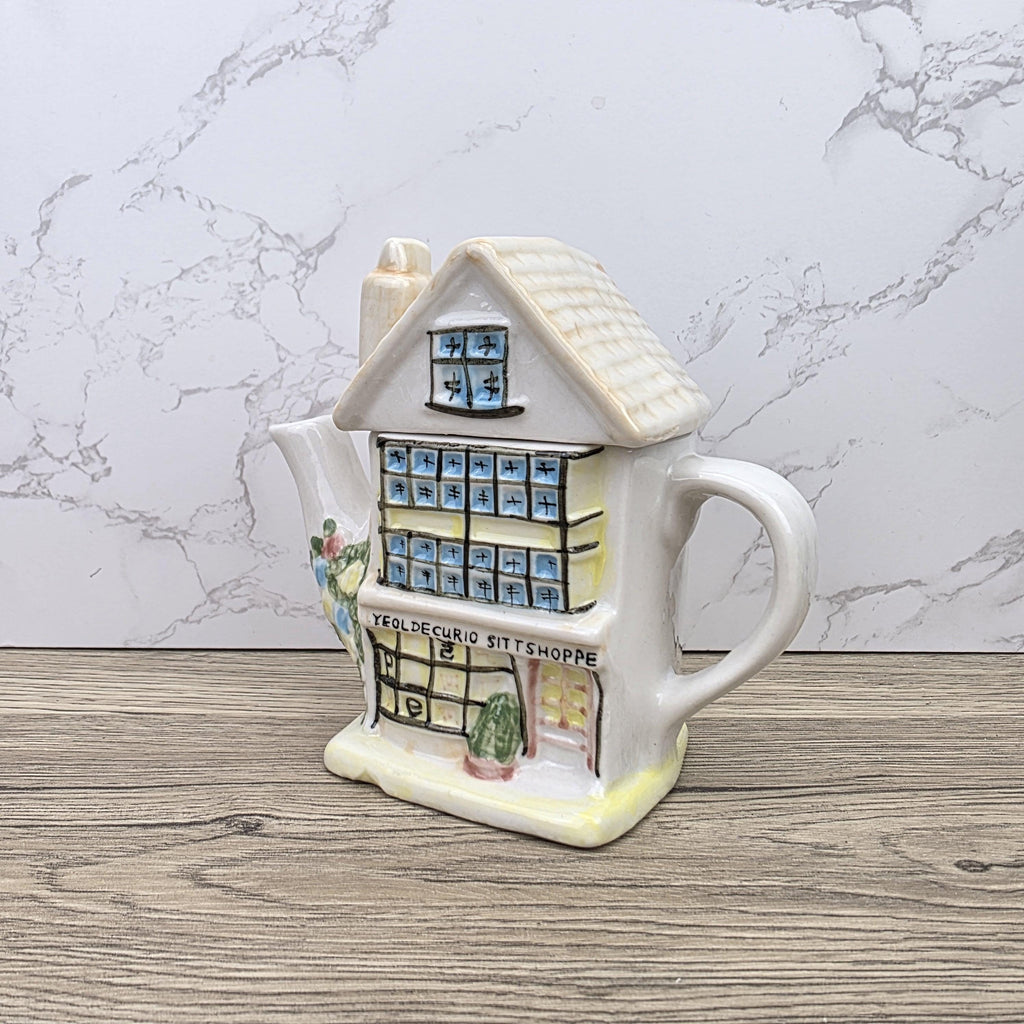 Antique Ye Olde Curio House Teapot Hand Painted Ceramic Folk Art English Collectible Tableware