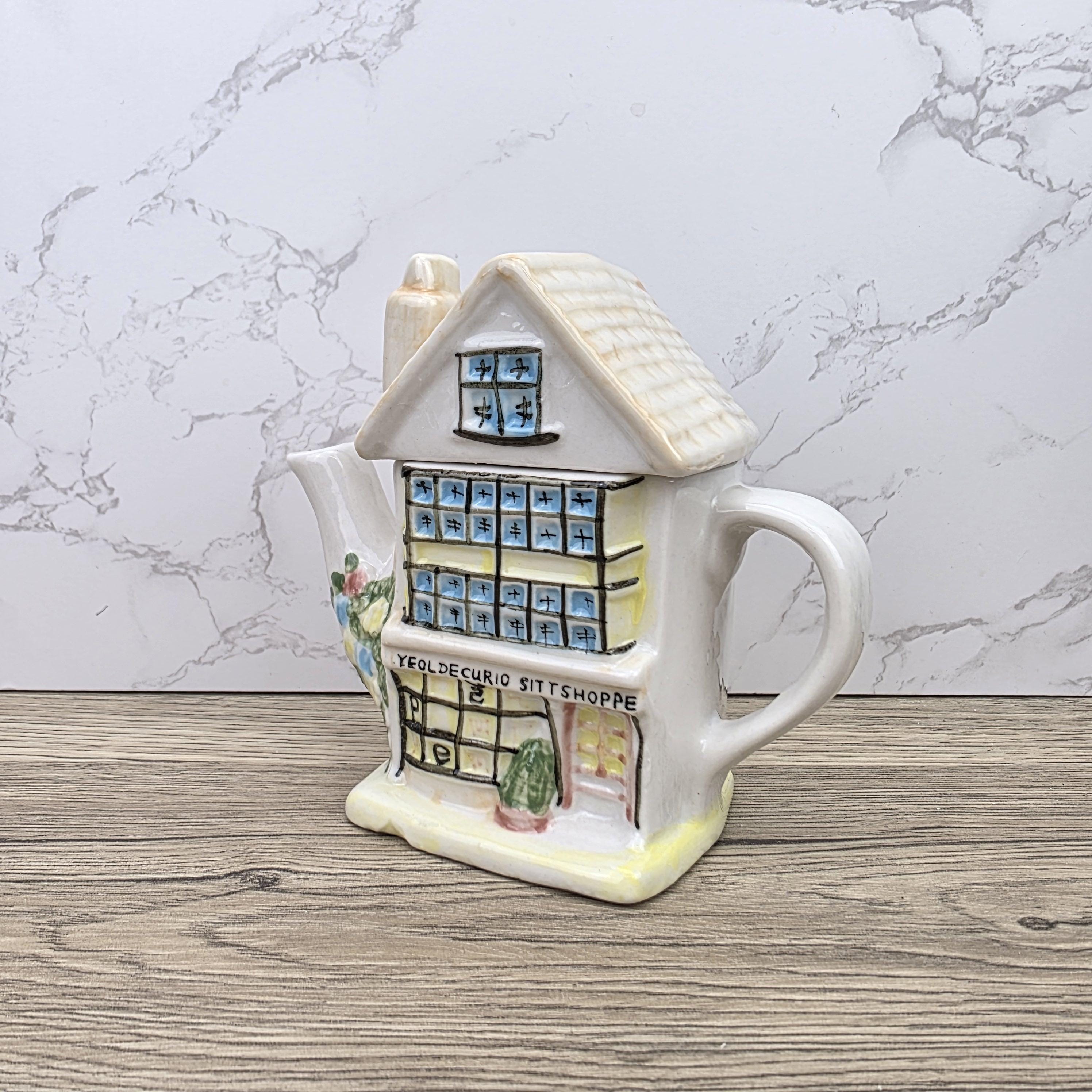 Antique Ye Olde Curio House Teapot Hand Painted Ceramic Folk Art English Collectible Tableware
