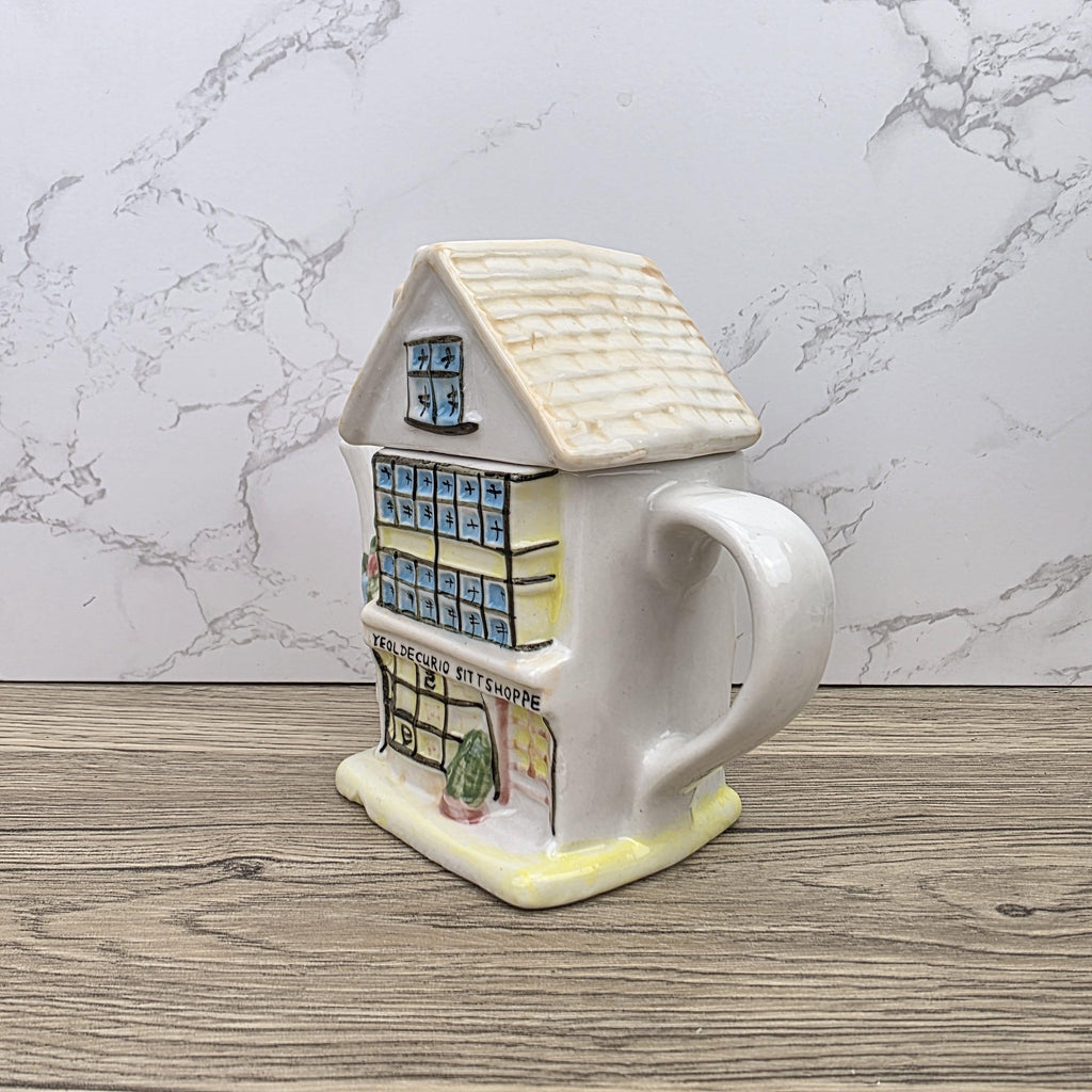 Antique Ye Olde Curio House Teapot Hand Painted Ceramic Folk Art English Collectible Tableware