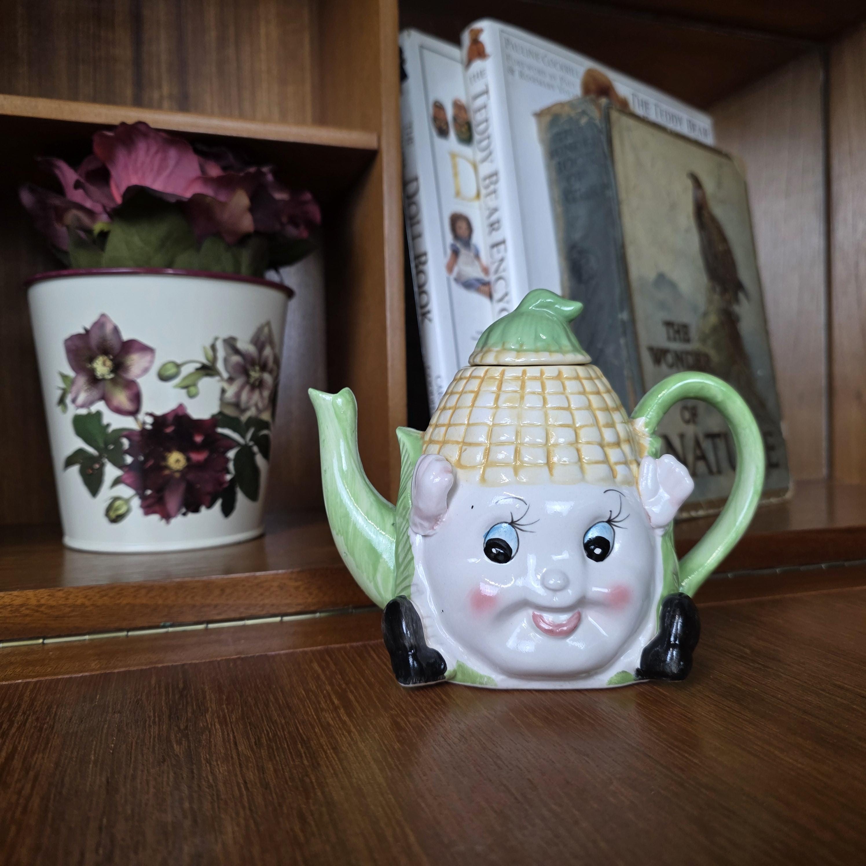 Vintage Corn Character Teapot Ceramic Folk Art Novelty Kitchen Collectible Cottage Decor Display Piece