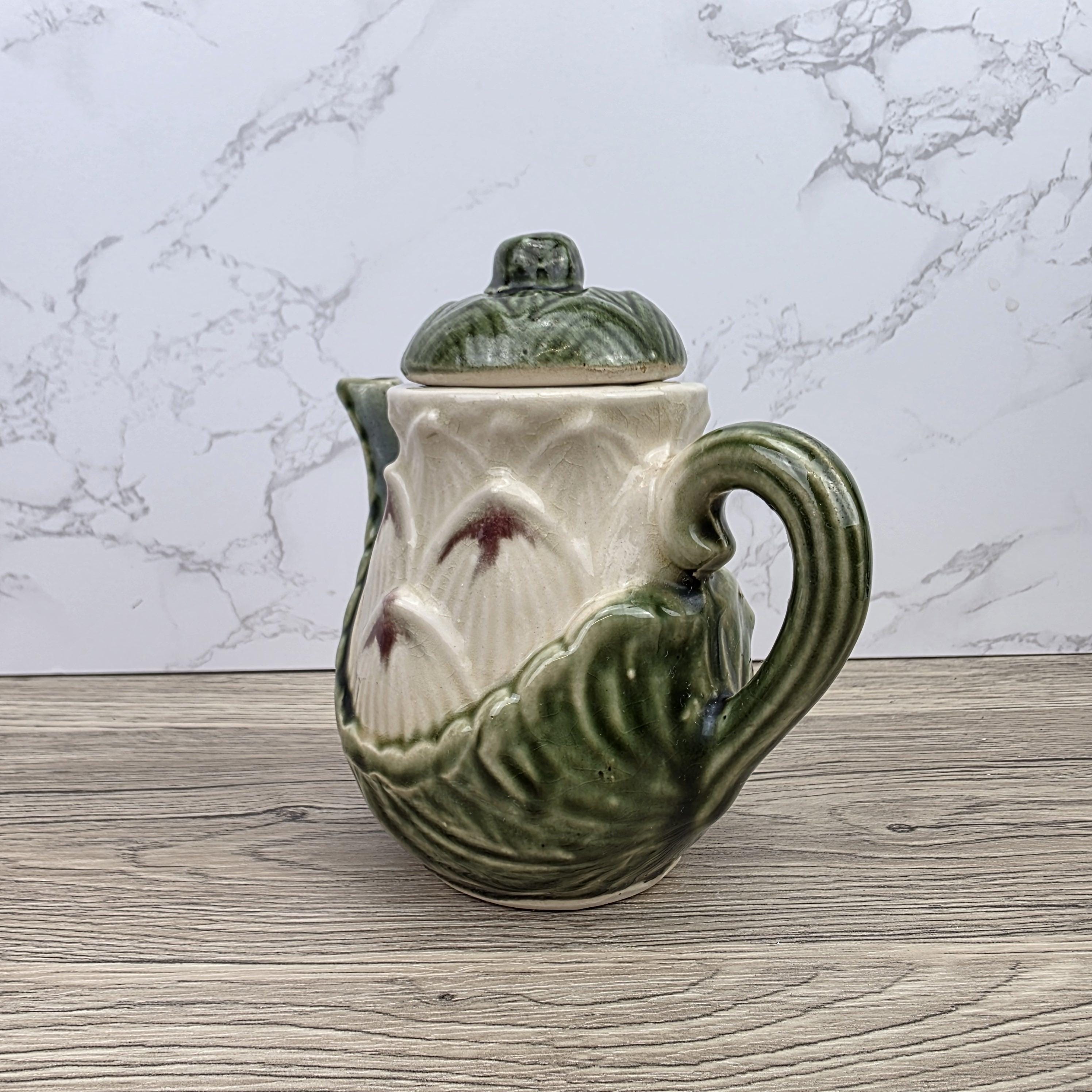 Ceramic Lily Flower Teapot With Lid Green Glazed Leaf Spout Floral Tea Serving Pot
