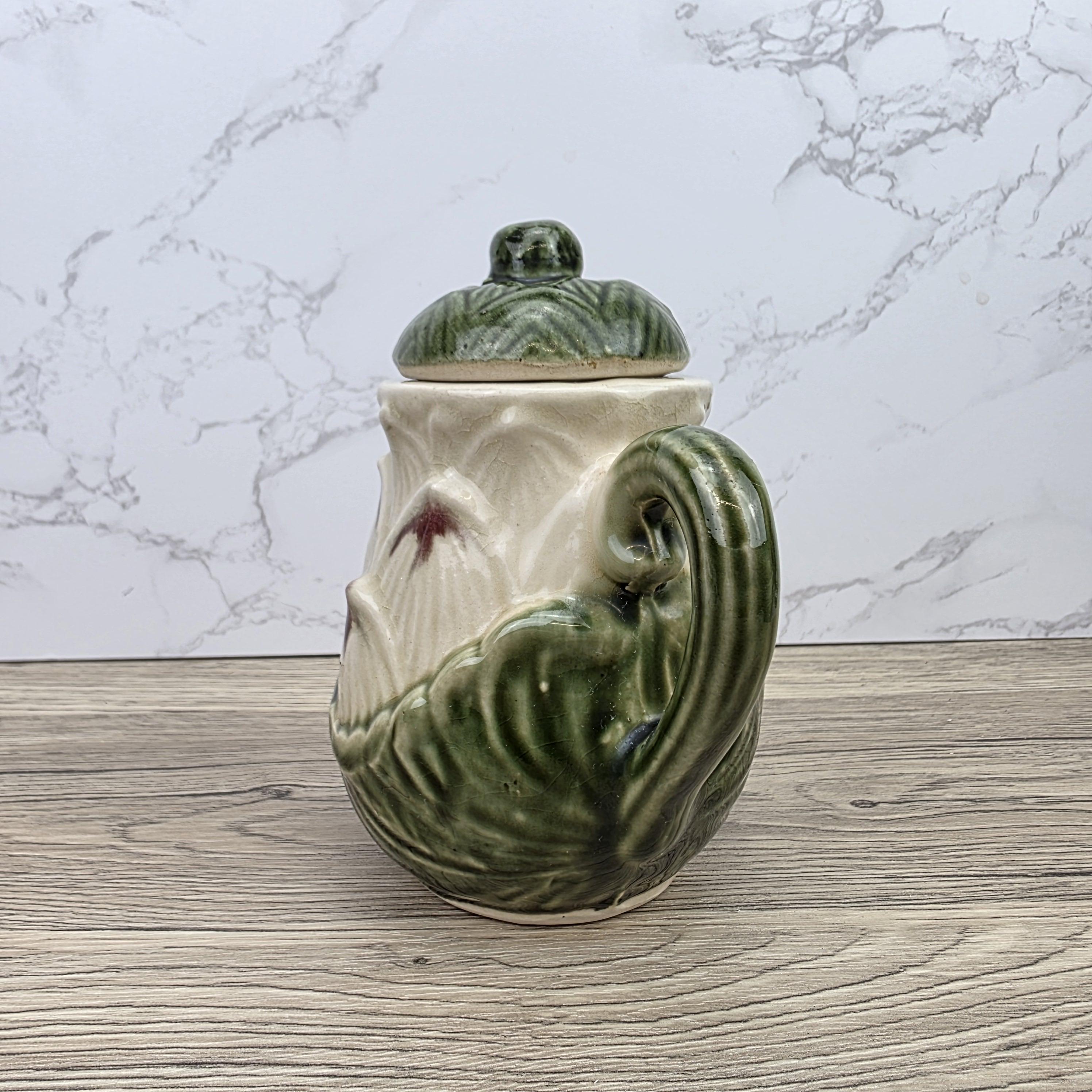 Ceramic Lily Flower Teapot With Lid Green Glazed Leaf Spout Floral Tea Serving Pot